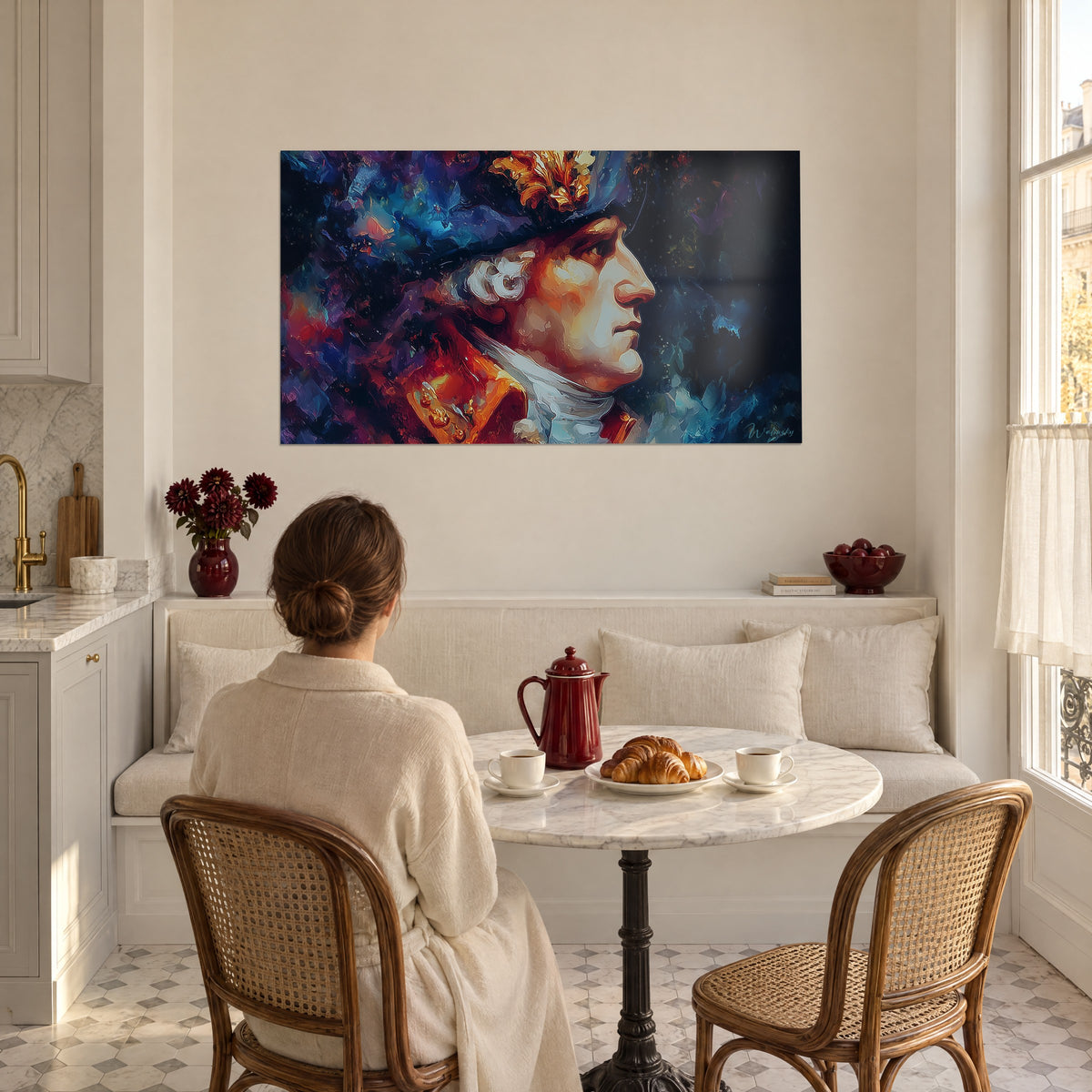 Schilderij heer uit de 18e eeuw met witte krullen en brandschone das, rode en blauwe accenten, tegenover een gedekte tafel
