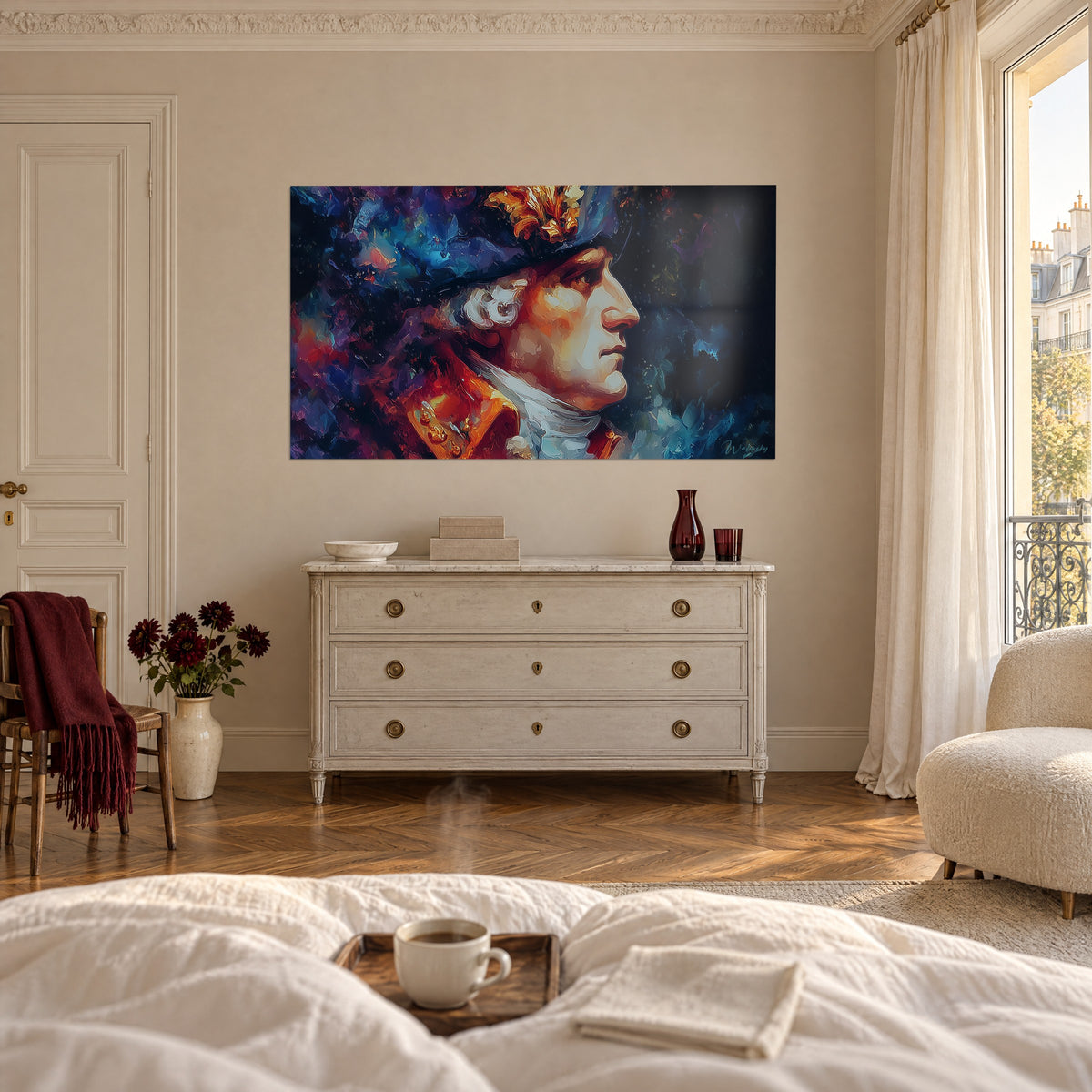Schilderij koning van Frankrijk met blauwe hoed en okerkleurige veer, stralend gezicht op paarse achtergrond, boven een bed in een lichte slaapkamer