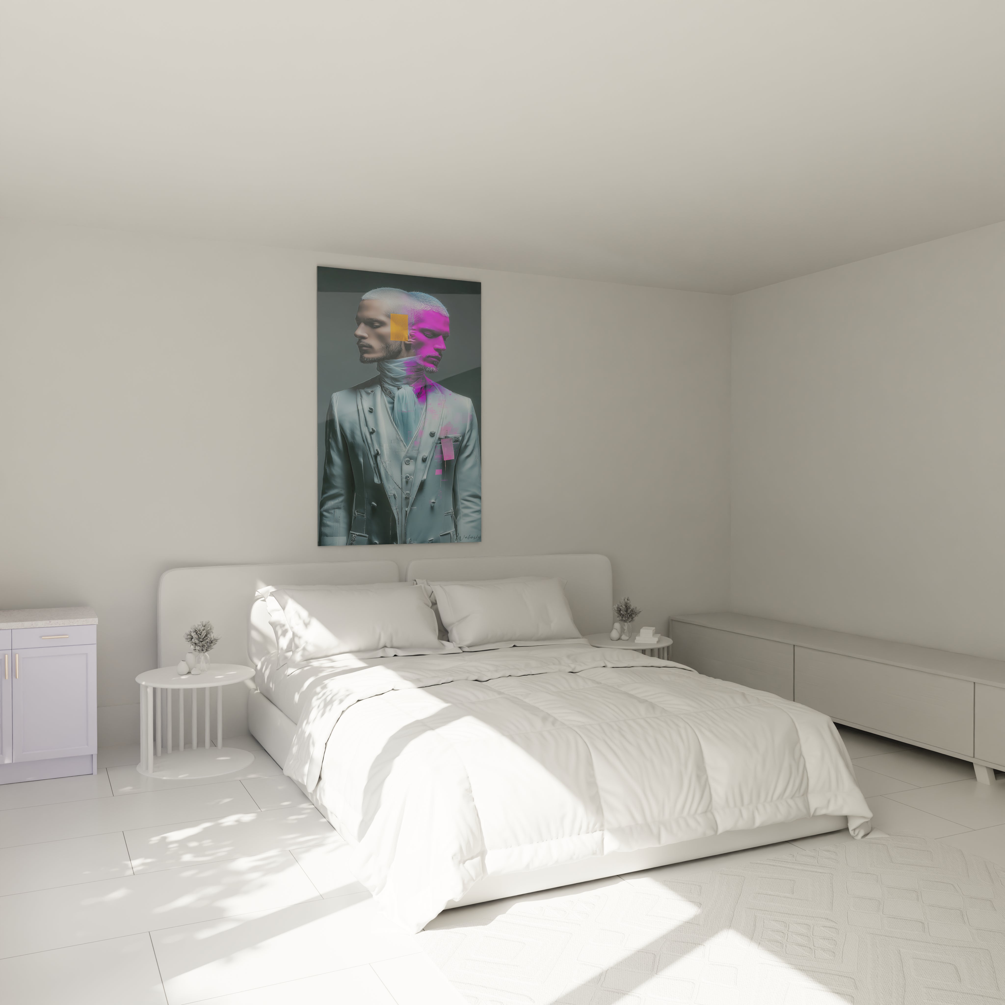 Tableau homme d'affaires moderne de Walensky dans une chambre lumineuse avec un lit blanc