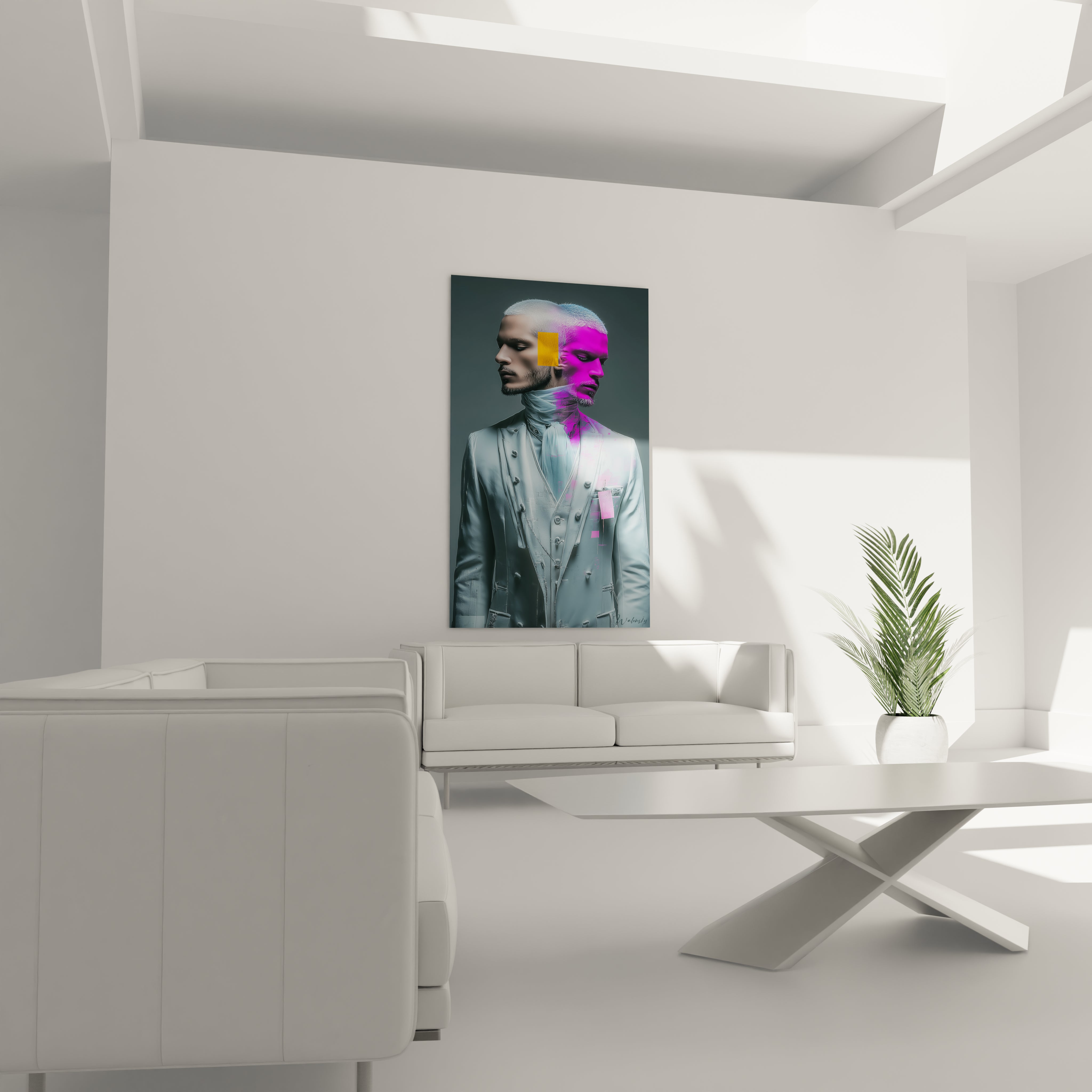 Tableau homme d'affaires moderne sur un mur blanc dans un espace de vie contemporain