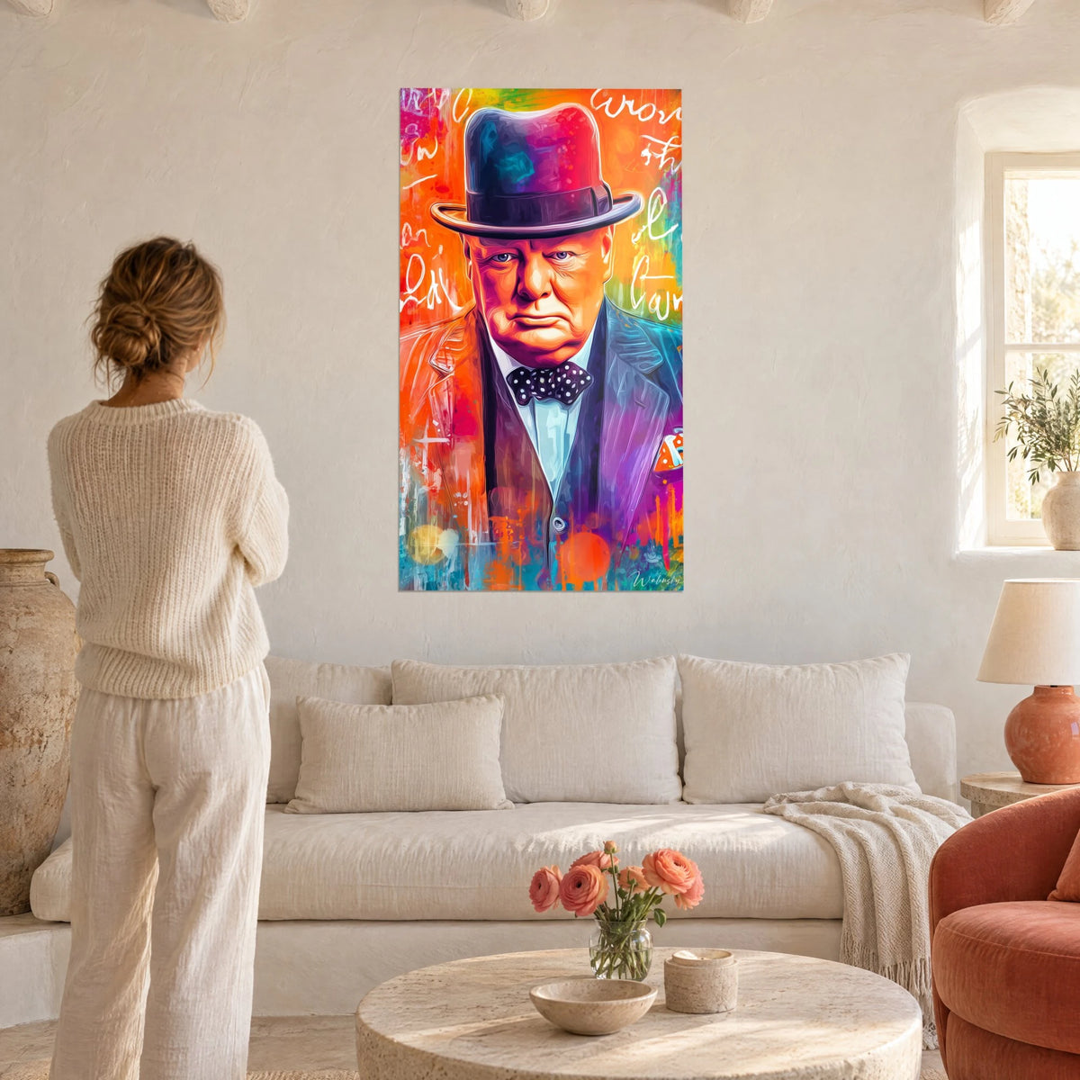 Cuadro retrato colorido de un hombre con sombrero bombín morado y pajarita de lunares, fondo naranja, mujer de espaldas, encima de un sofá en un salón luminoso