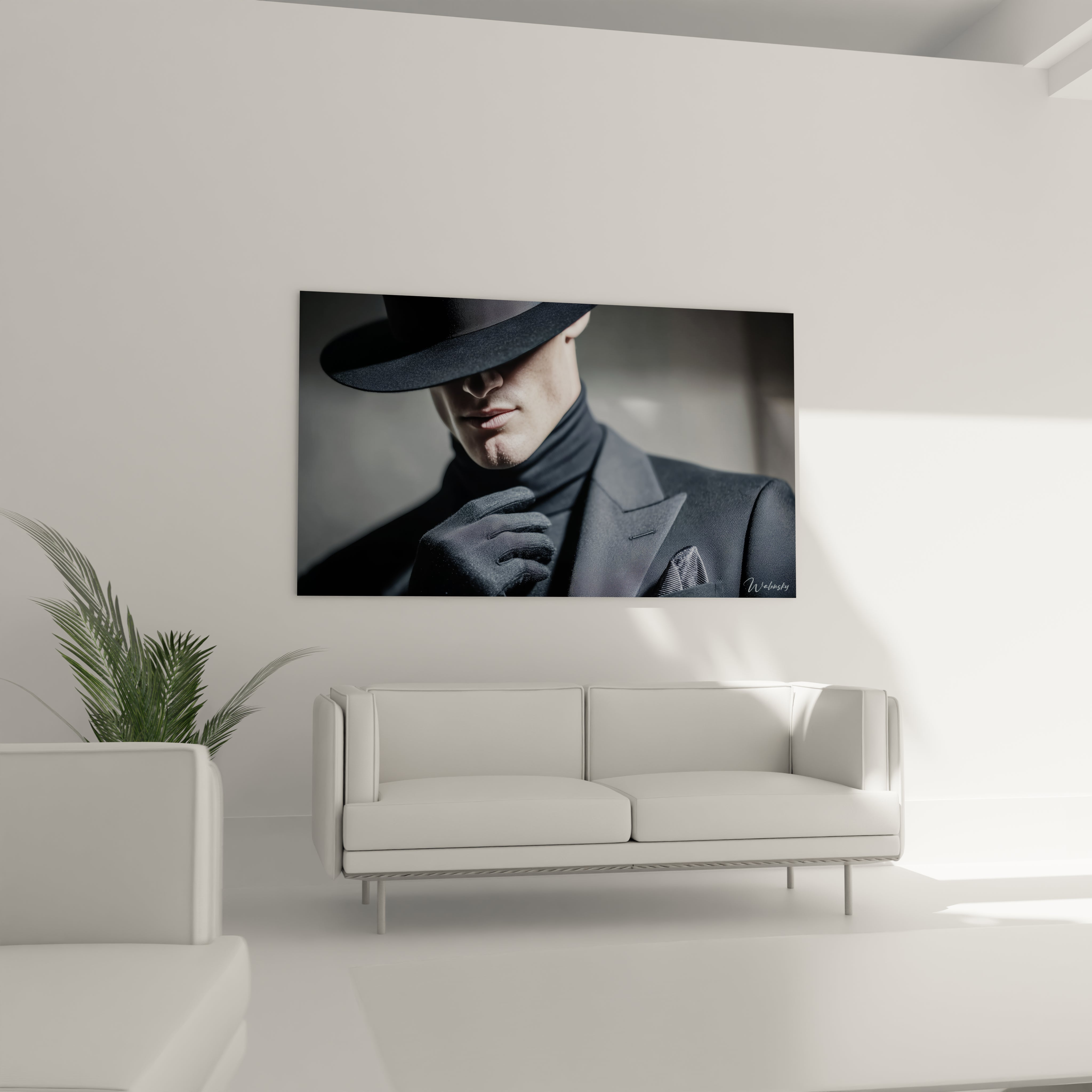 Tableau homme élégant de Walensky représentant un homme en costume avec un chapeau, décor moderne