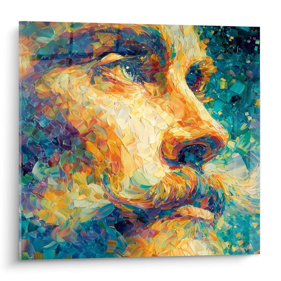 quadro uomo puntinismo Walensky ritratto colorato di profilo con barba e pennellate texture