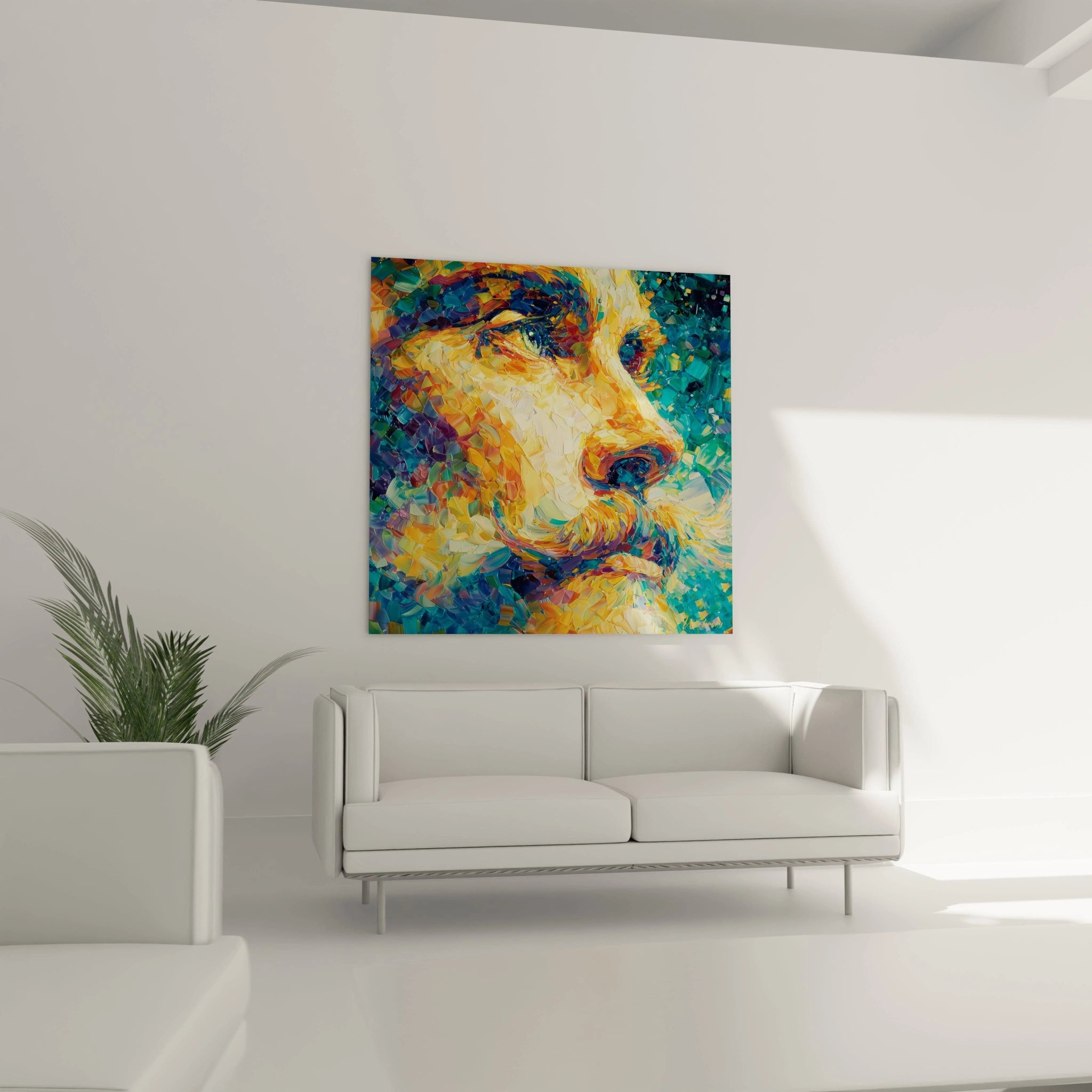 tableau homme pointillisme colore de visage masculin mural par Walensky dans salon moderne