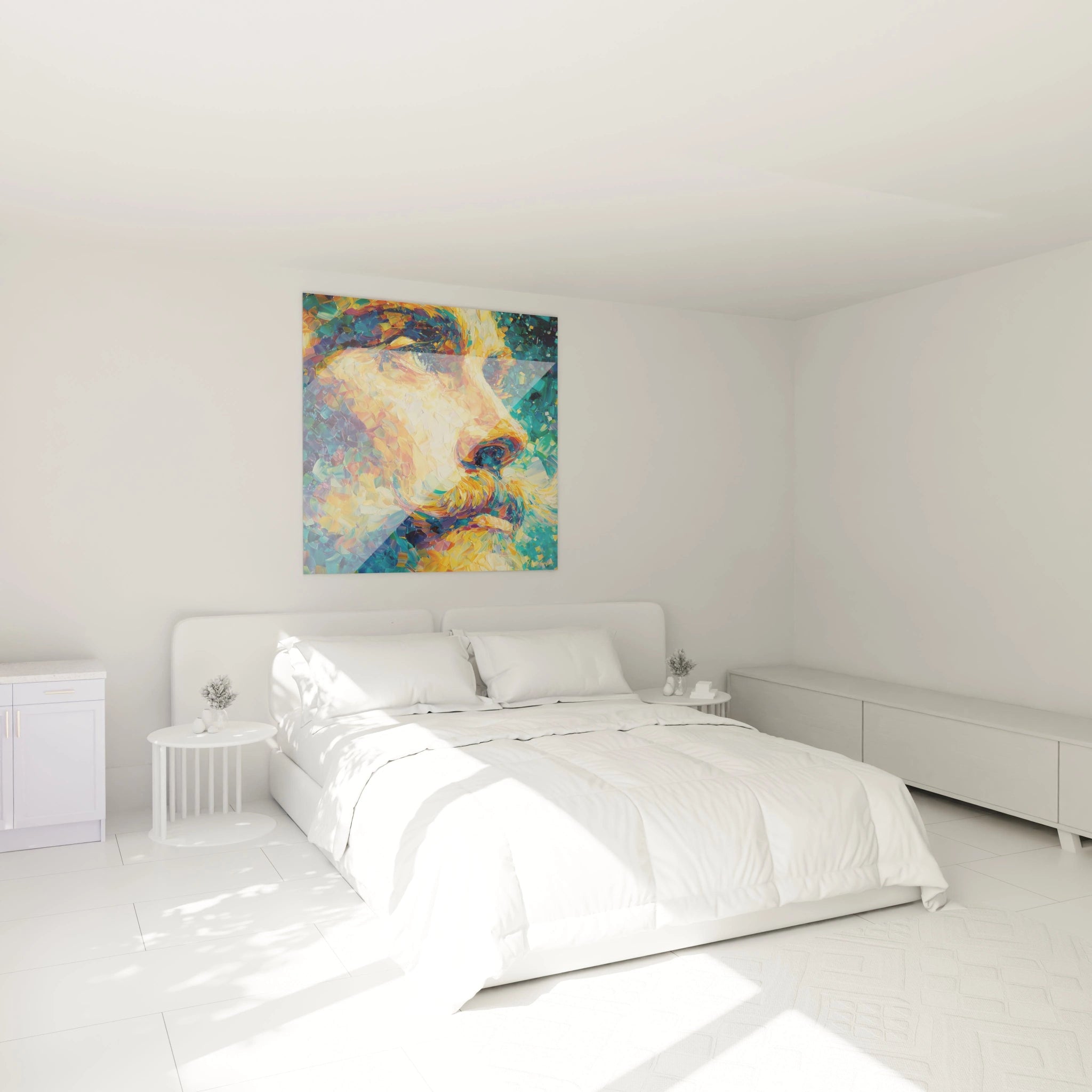 tableau homme pointillisme Walensky montrant portrait coloré d un visage masculin au dessus d un lit blanc minimaliste