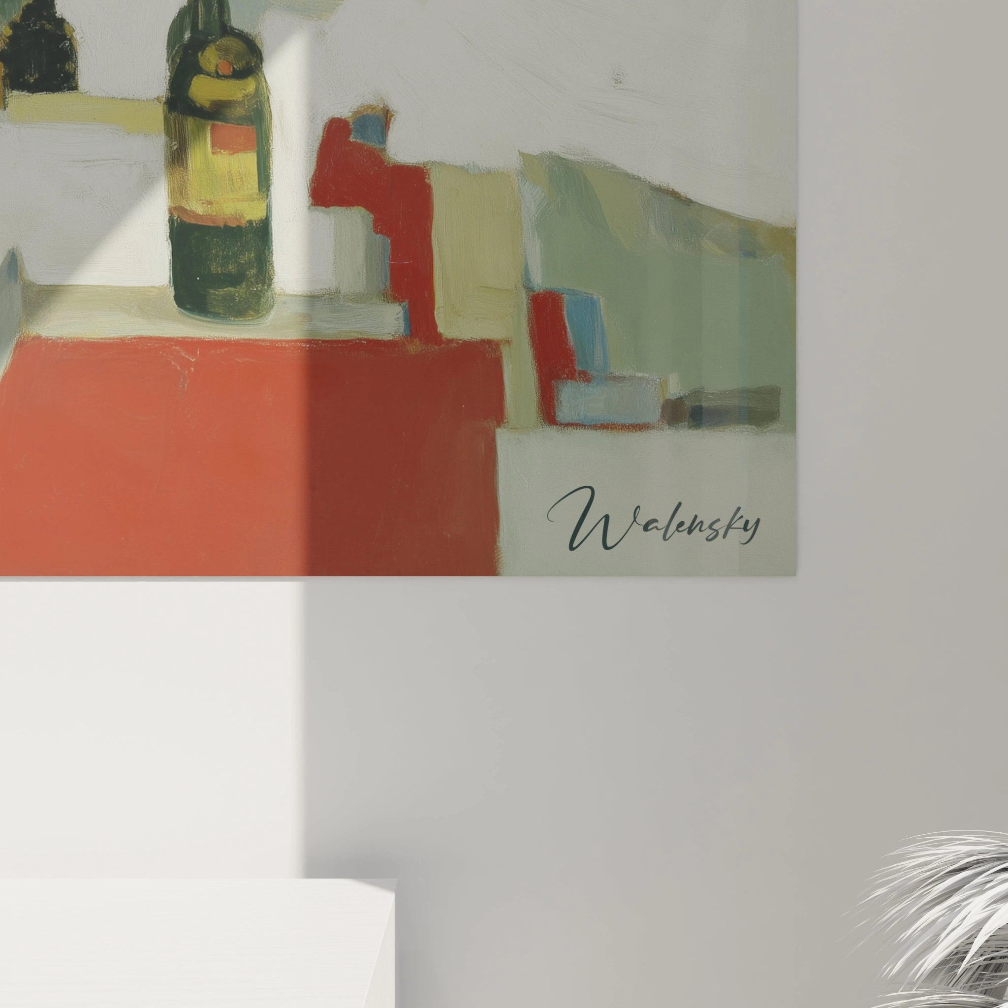 Tableau mural Walensky montrant une bouteille et formes cubistes colorées, tableau homme fumeur cubiste