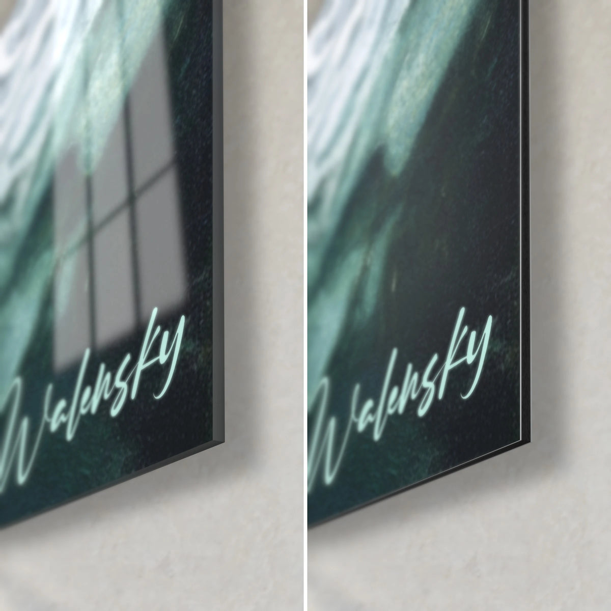 Wall art face with porcelain complexion, lower right corner: Walensky signature in mint green, glossy glass and matte black Dibond