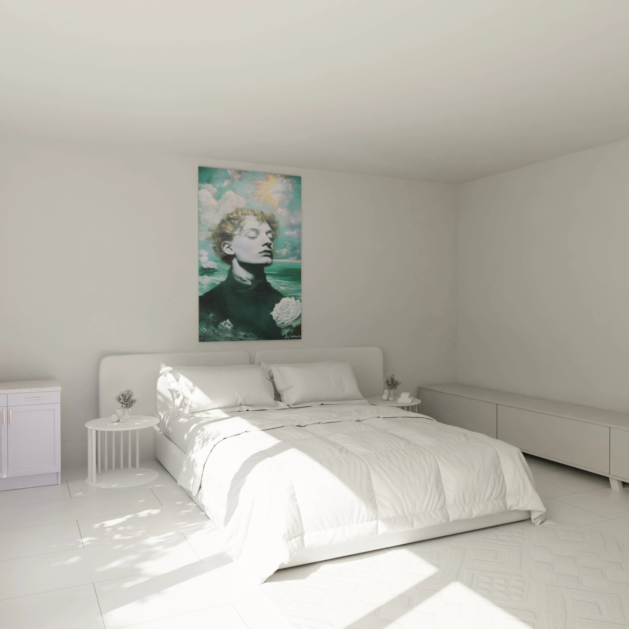 Tableau mural Walensky accroché au dessus d un lit blanc minimaliste montrant un tableau préraphaélite homme