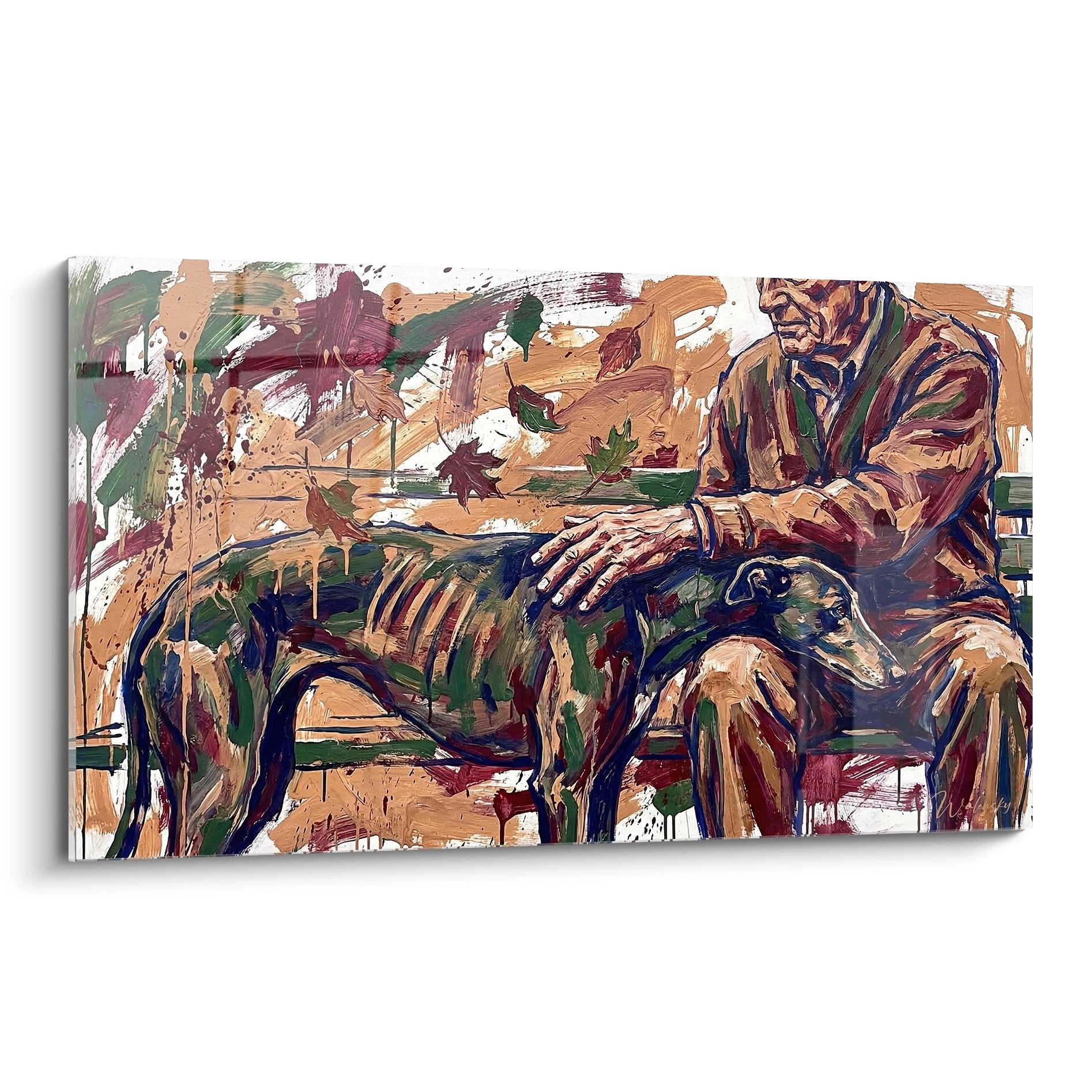 Tableau expressif homme et levrier greyhound dans atelier artistique tons ocre bordeaux