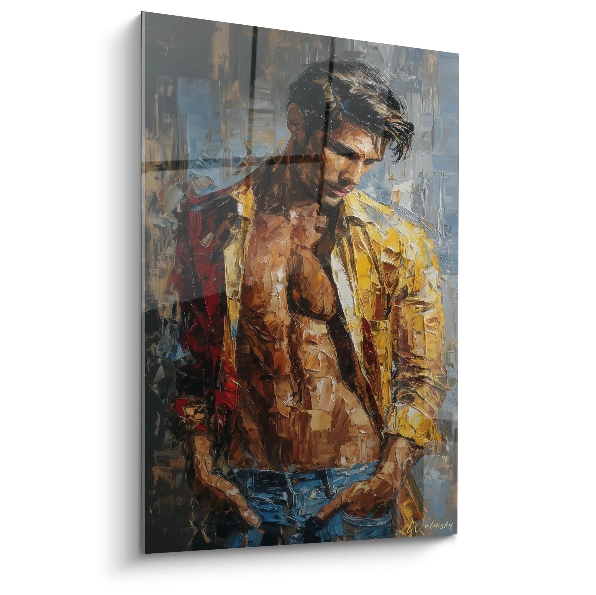 Tableau homme moderne de Walensky représentant un homme avec une chemise jaune et un fond artistique abstrait