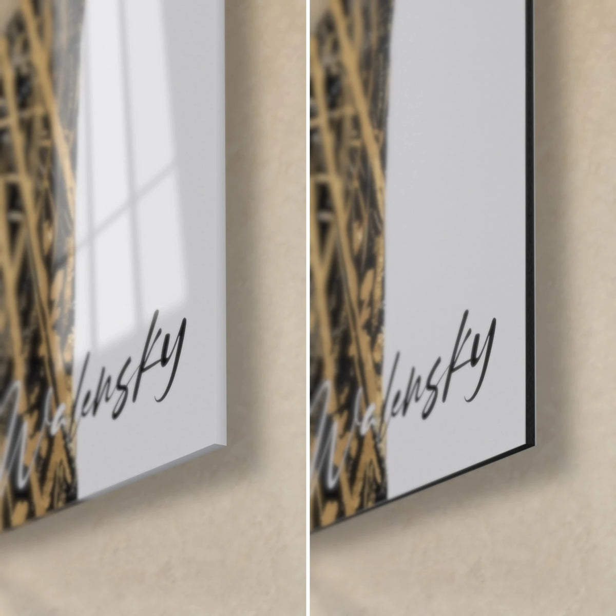 Schilderij zwart-gouden mannenbuste, rechtsonder in de hoek, signatuur Walensky, glanzende glasreflecties en mat wit Dibond, rand van 3 mm