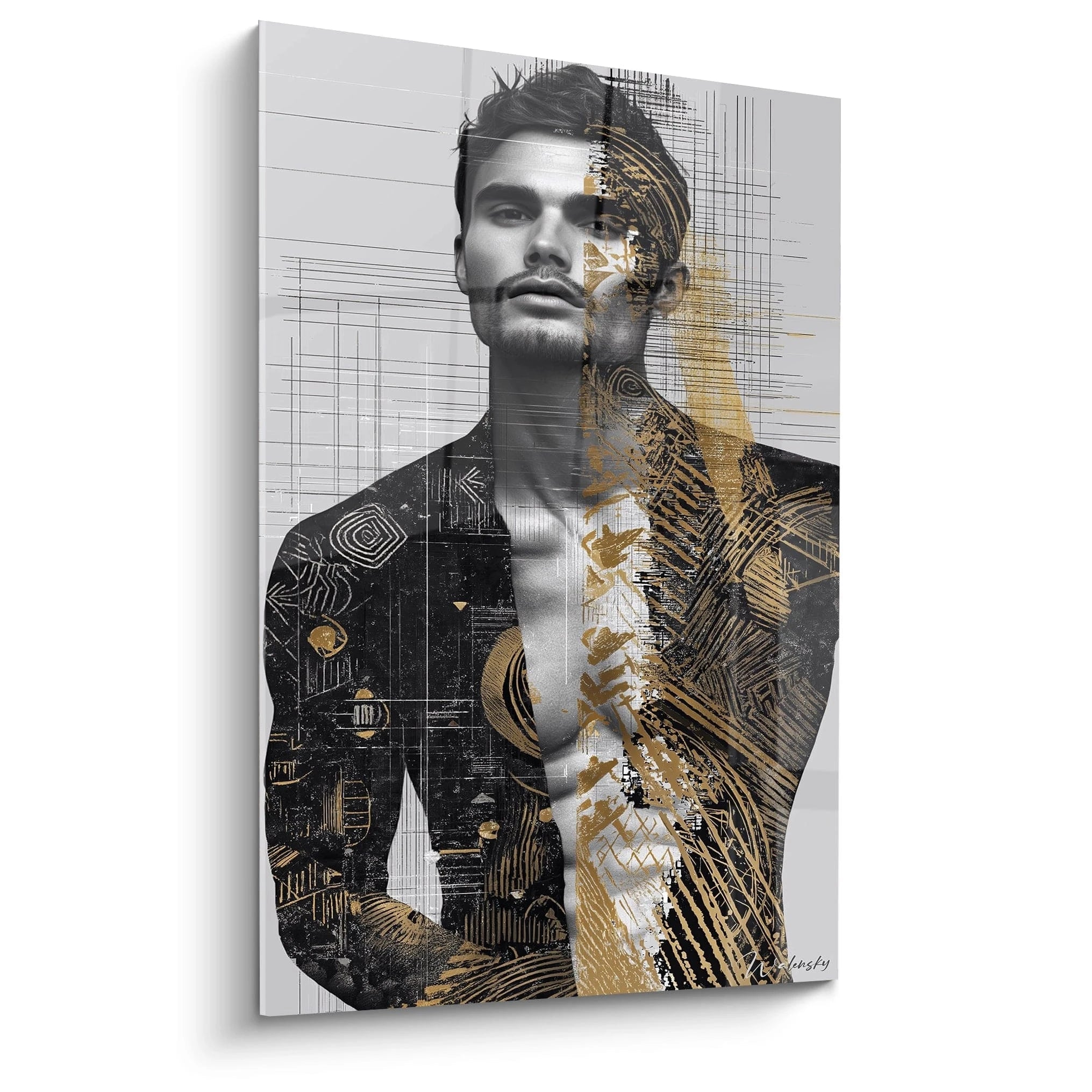 Tableau mural homme moderne en noir et or avec design artistique et silhouette masculine