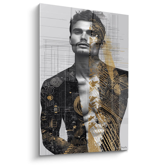 Modernes Wandbild Mann in Schwarz und Gold mit künstlerischem Design und männlicher Silhouette
