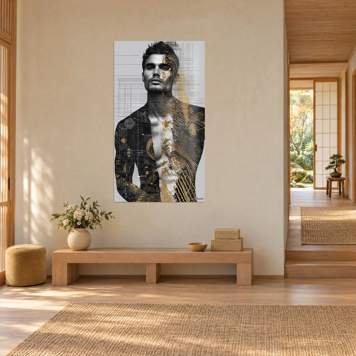 Schilderij jonge man met baardstoppels, helft van het gezicht gestreept in goud en zwart op parelgrijs, drievierdekwart zicht, houten japandi-gang