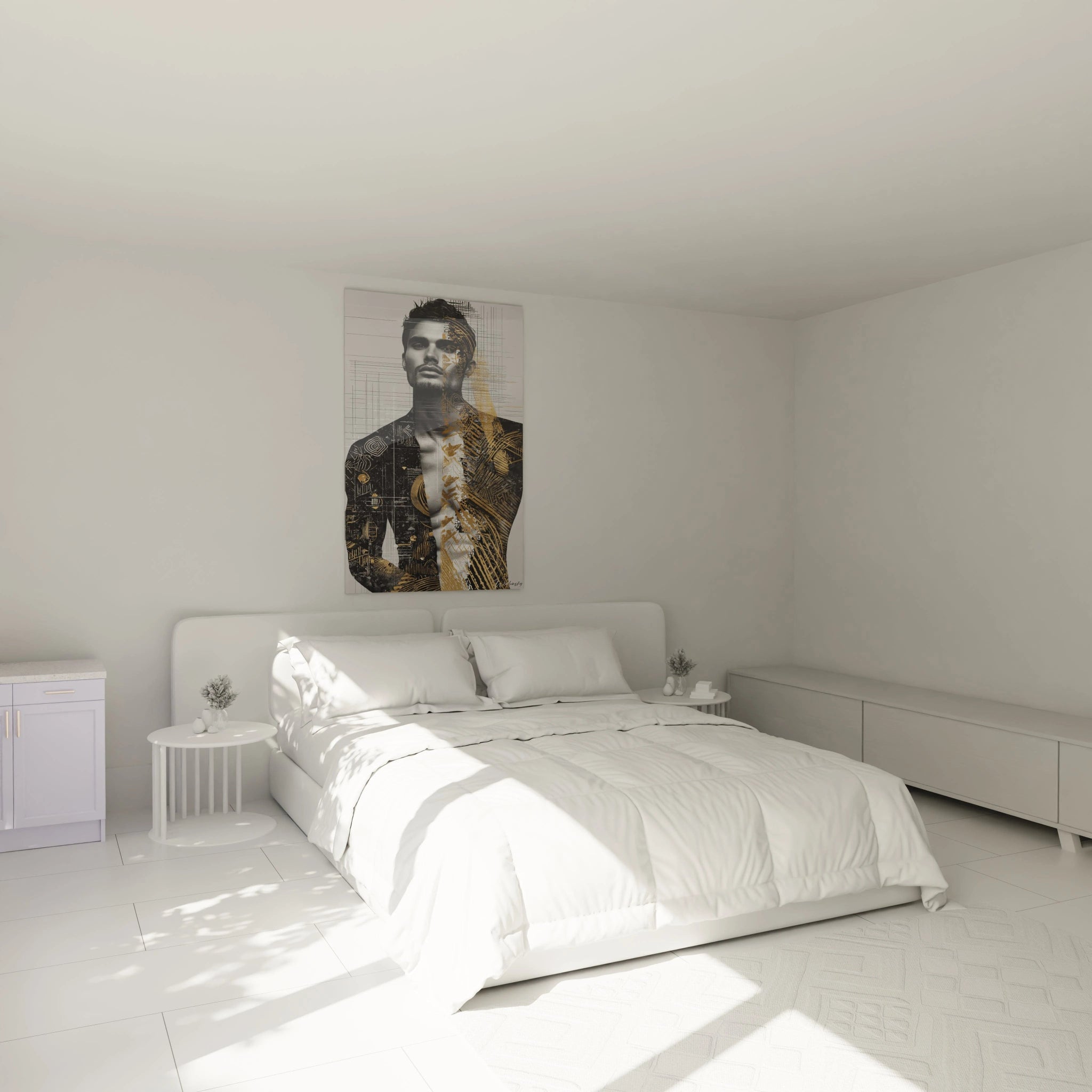 Tableau homme moderne de Walensky dans une chambre lumineuse avec un lit blanc