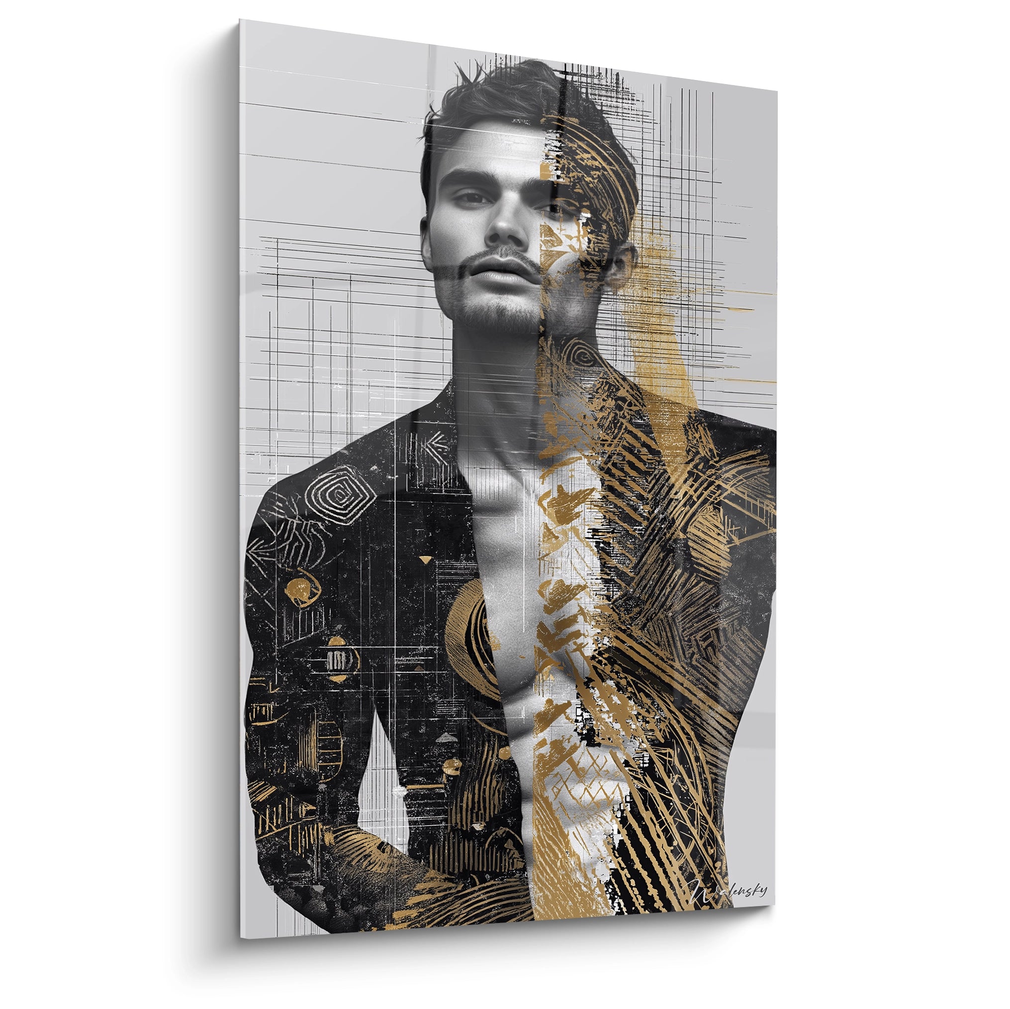 Tableau mural homme moderne en noir et or avec design artistique et silhouette masculine