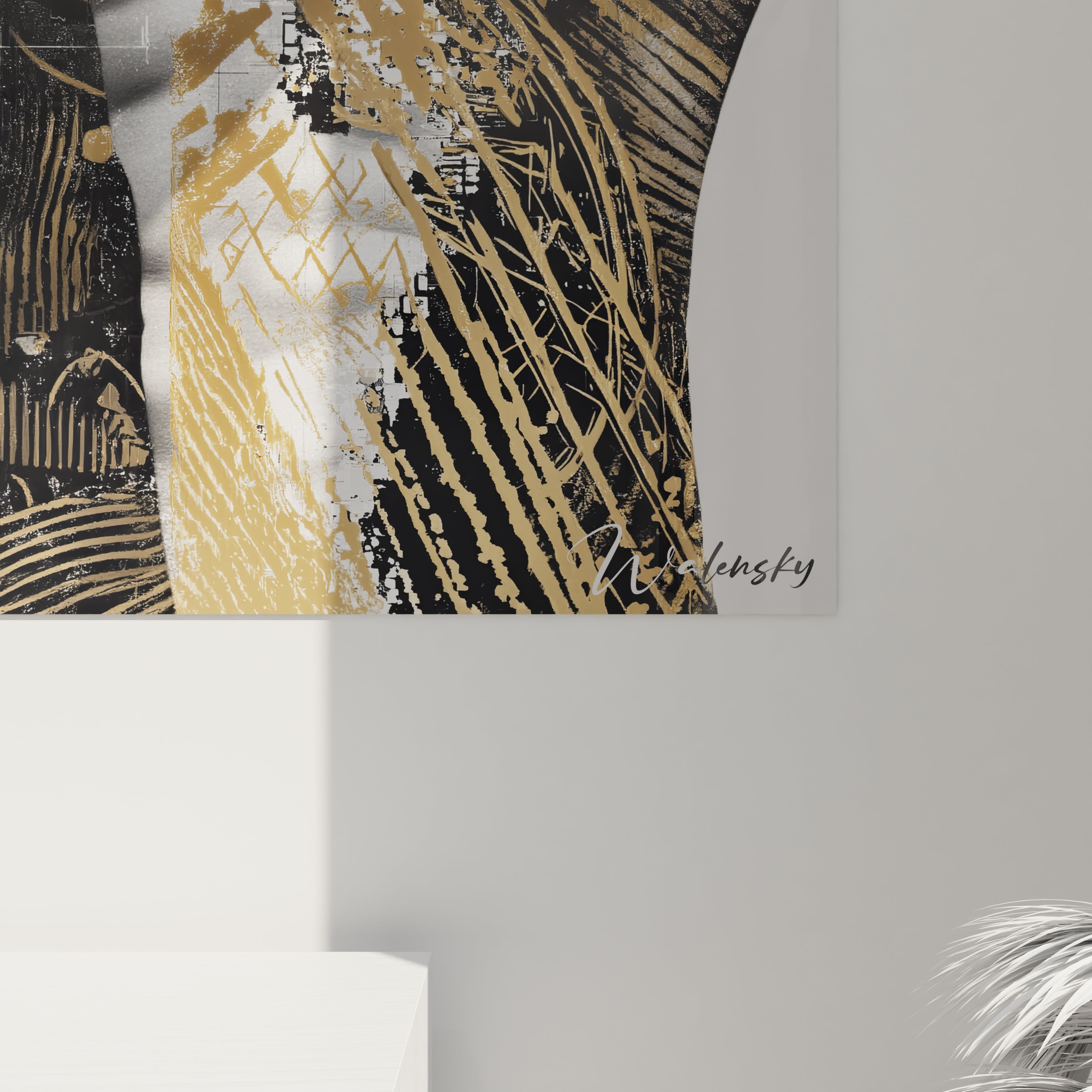 Tableau homme moderne de Walensky avec des motifs artistiques en noir et or pour la décoration intérieure.