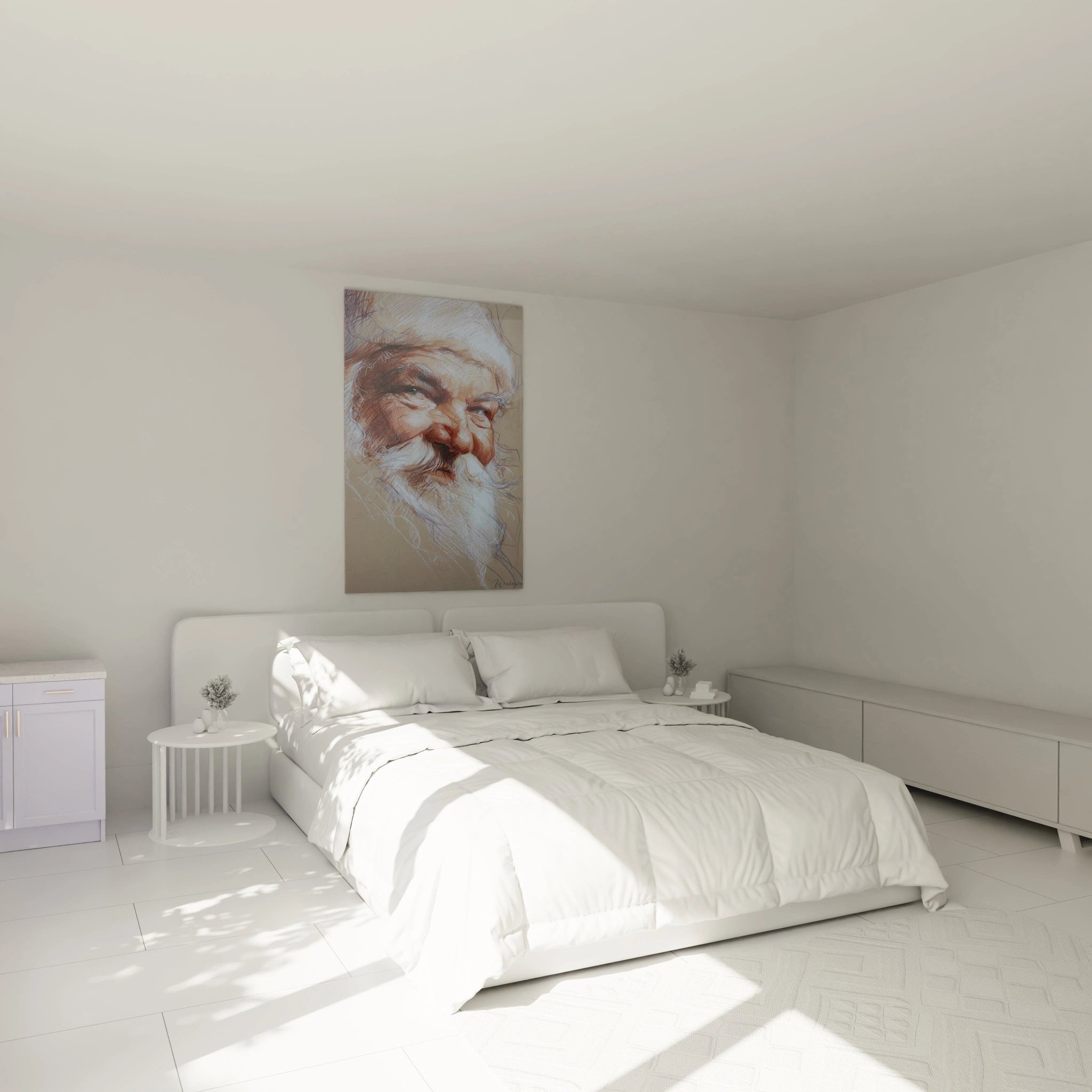 Tableau père Noël bienveillant décorant un mur dans une chambre lumineuse et moderne
