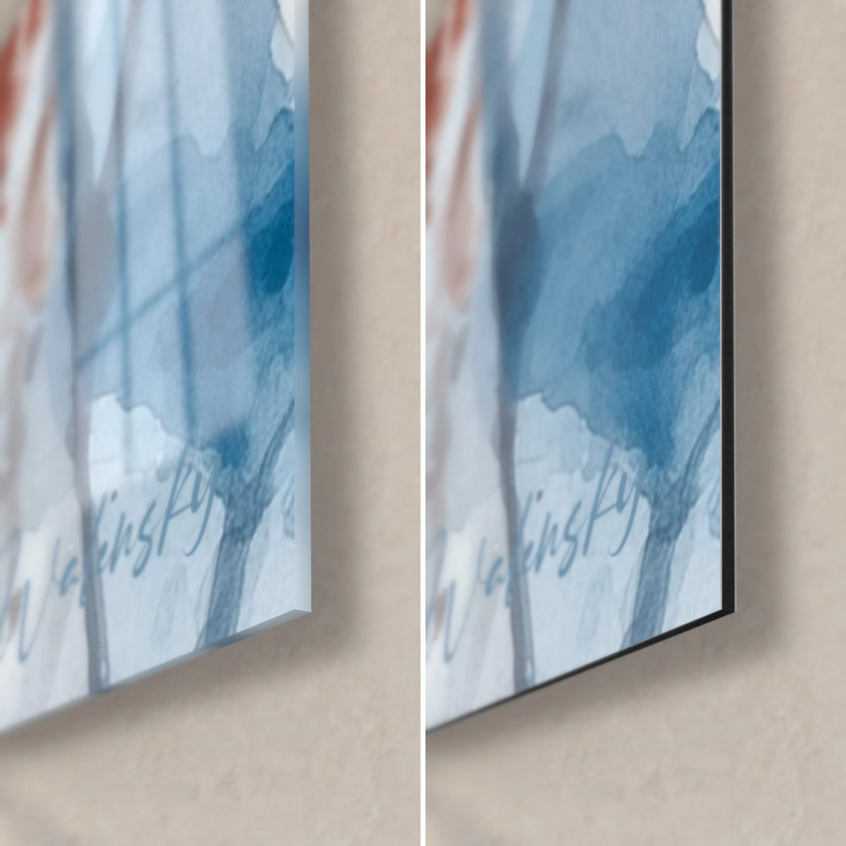 Schilderij jonge nomade met blauwe en roestkleurige tulband, rechtsonder: glanzend glas links, mat Dibond en rand rechts
