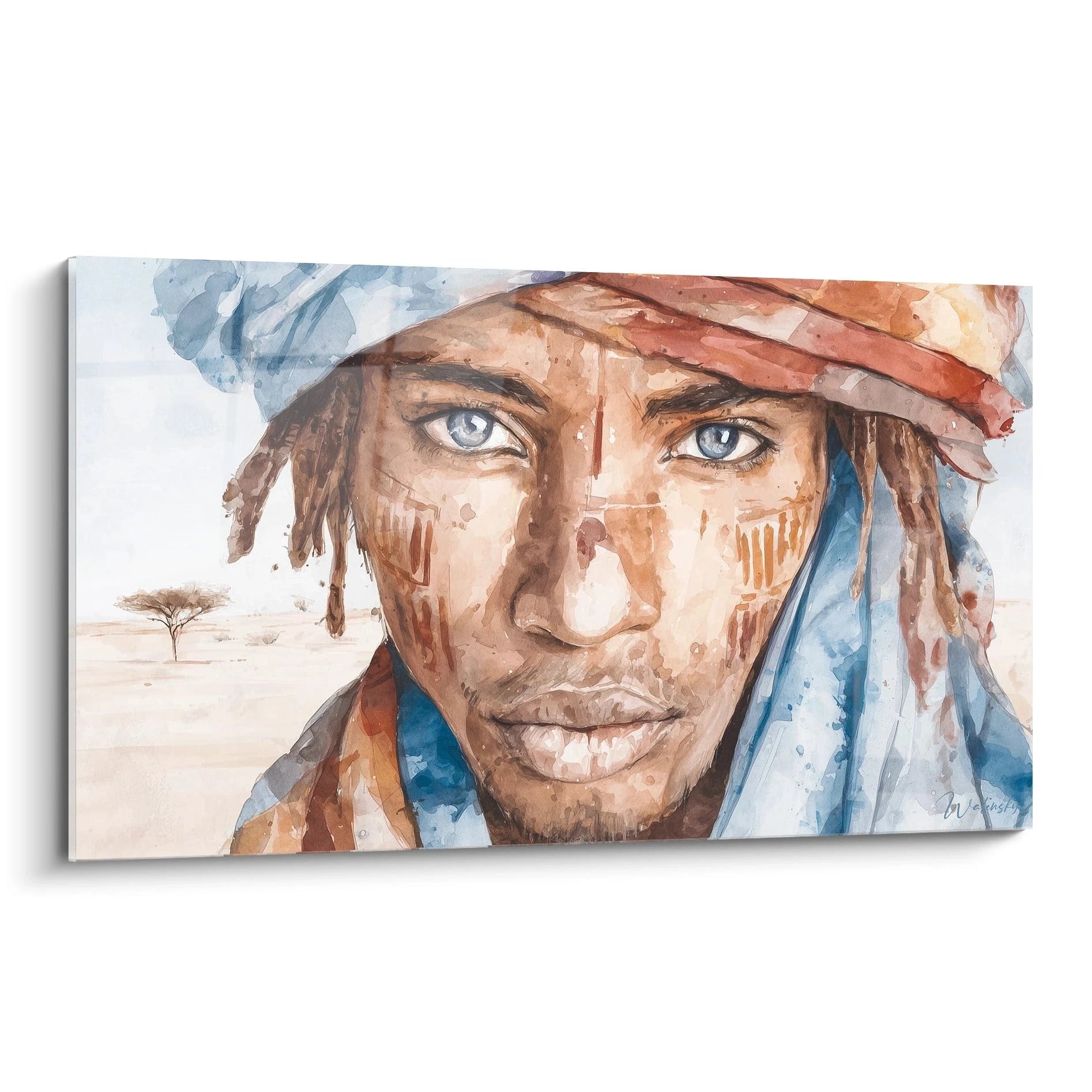 Tableau africain homme en aquarelle avec des yeux captivants et des motifs traditionnels