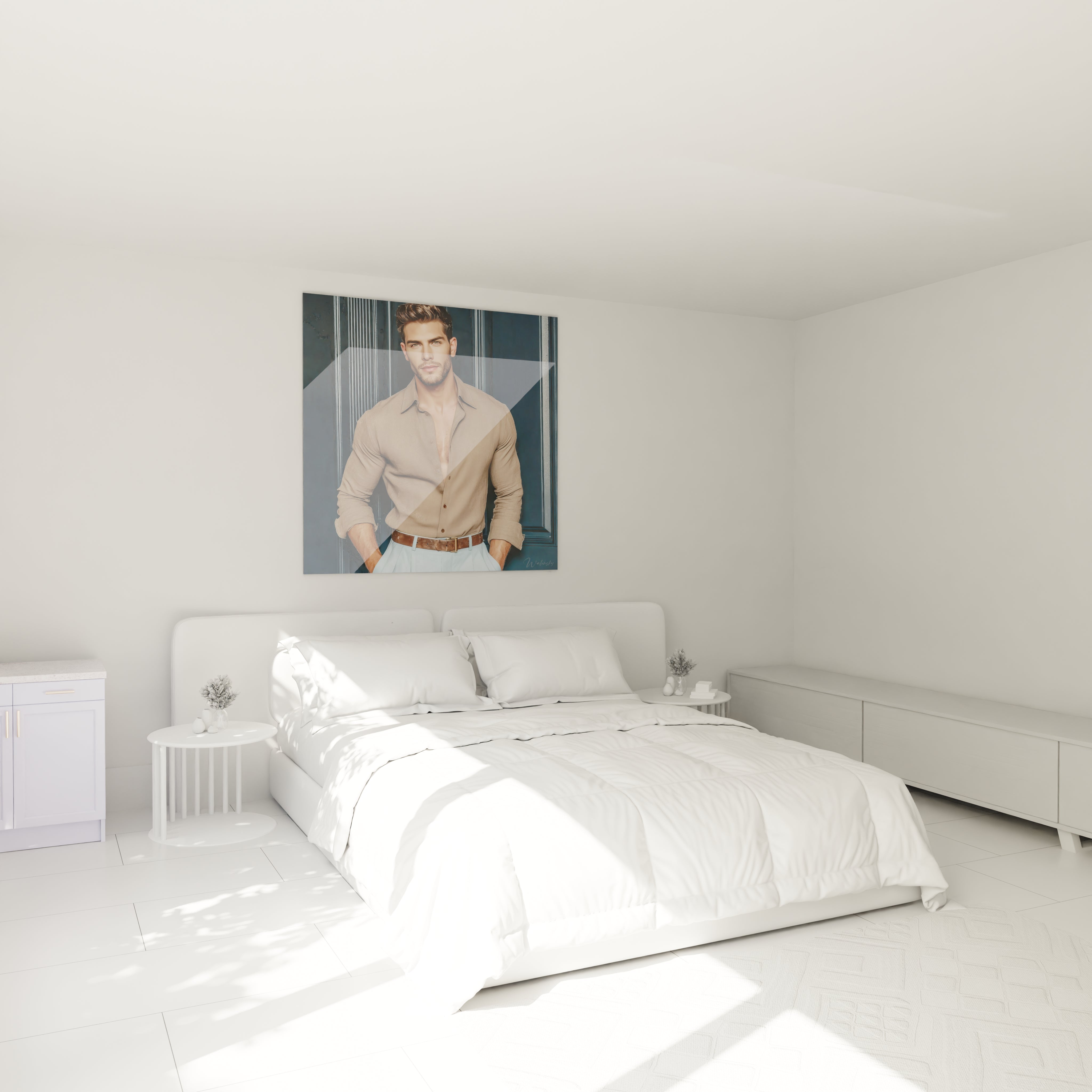 Tableau mural homme séduisant dans une chambre minimaliste avec lit blanc et meubles modernes