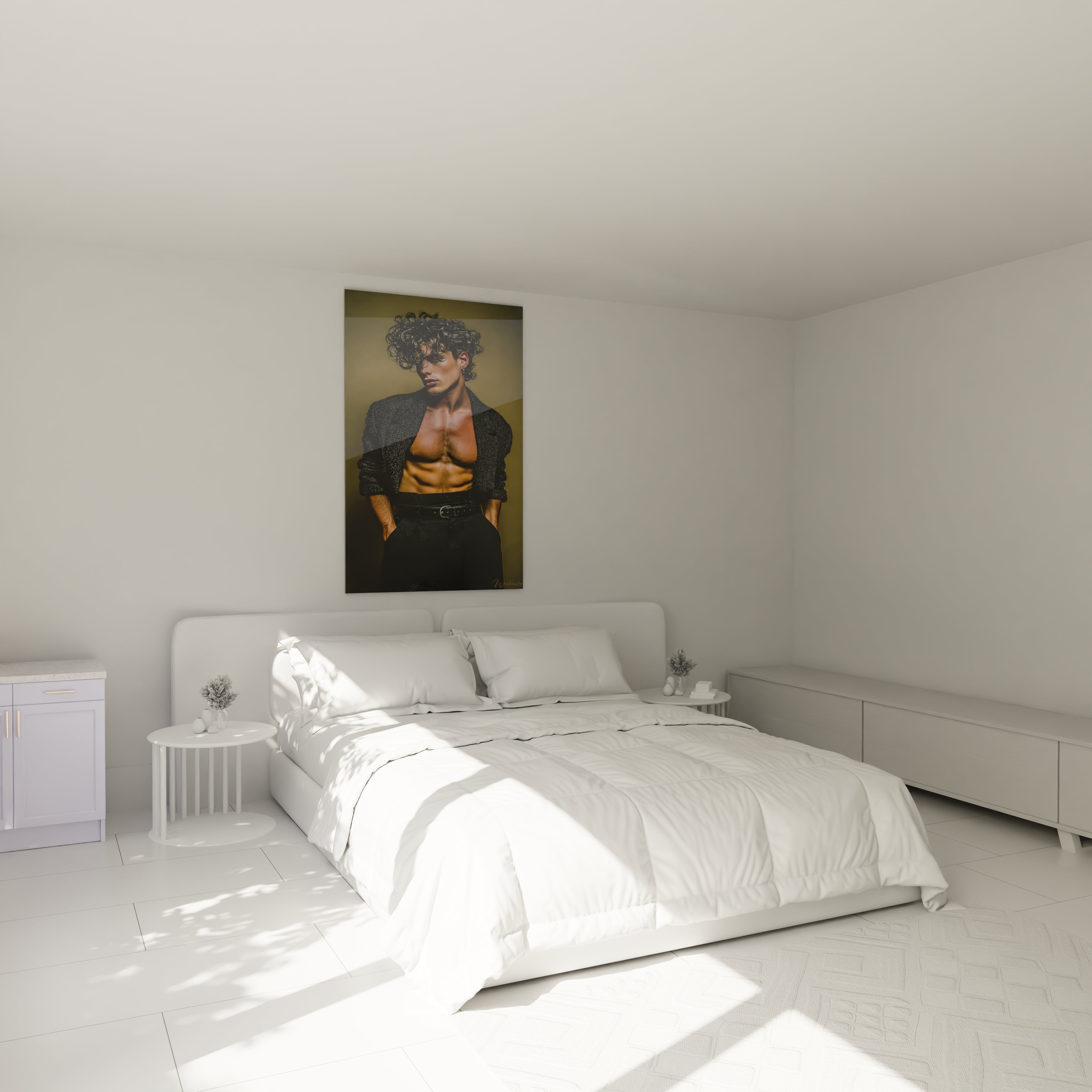 Tableau homme torse nu de Walensky dans une chambre lumineuse avec lit blanc et décoration moderne