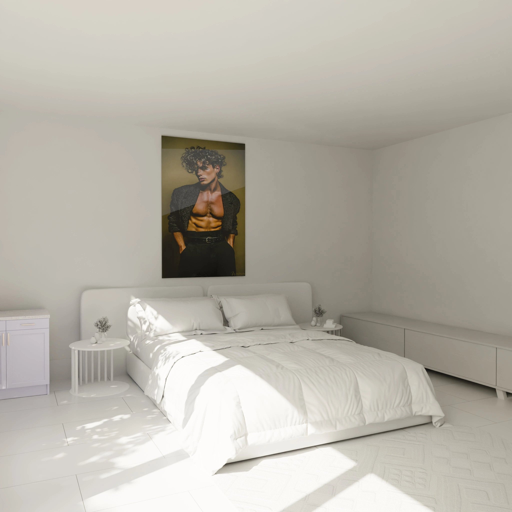 Tableau homme torse nu de Walensky dans une chambre lumineuse avec lit blanc et décoration moderne