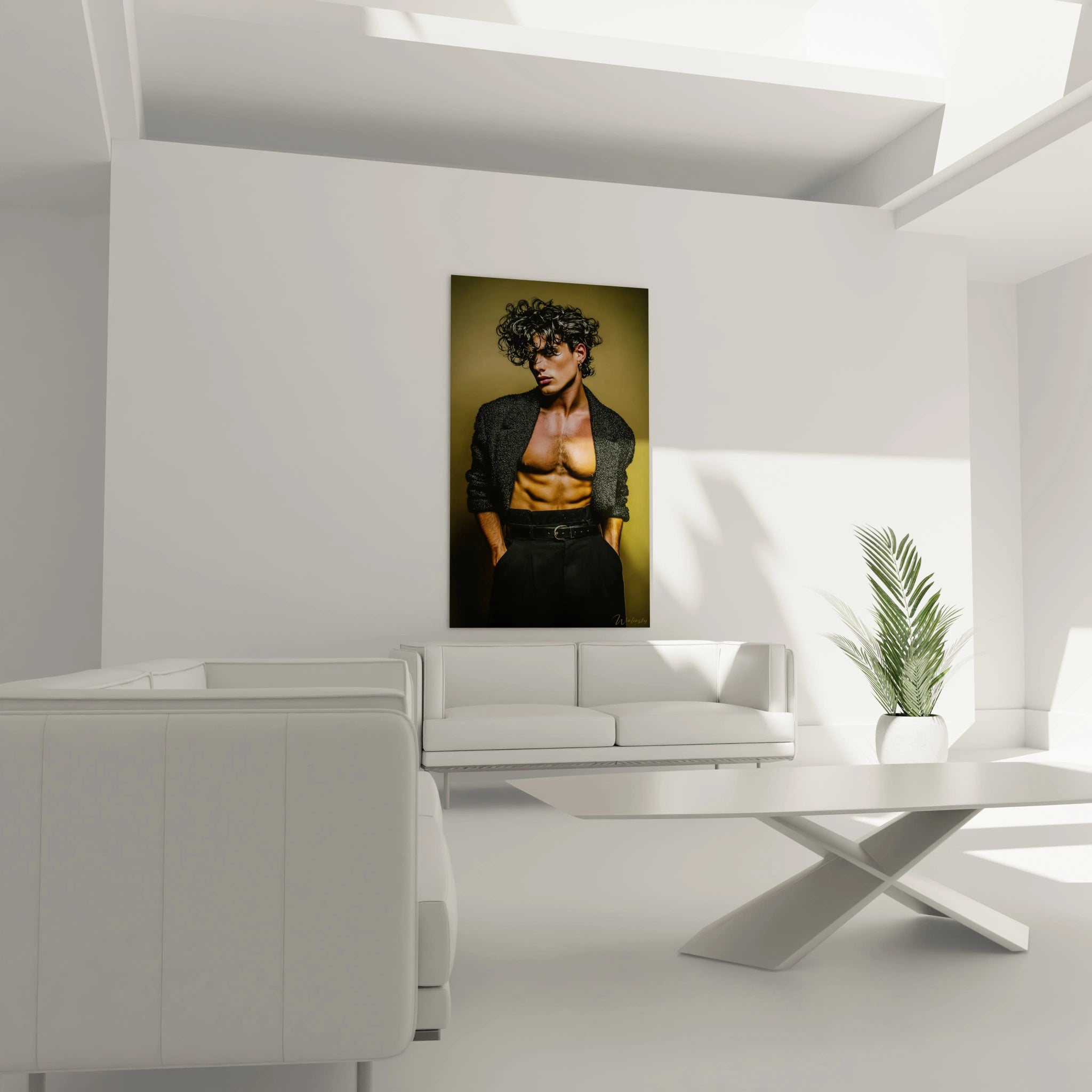 Tableau homme torse nu de Walensky, mettant en scène un portrait artistique dans un salon moderne