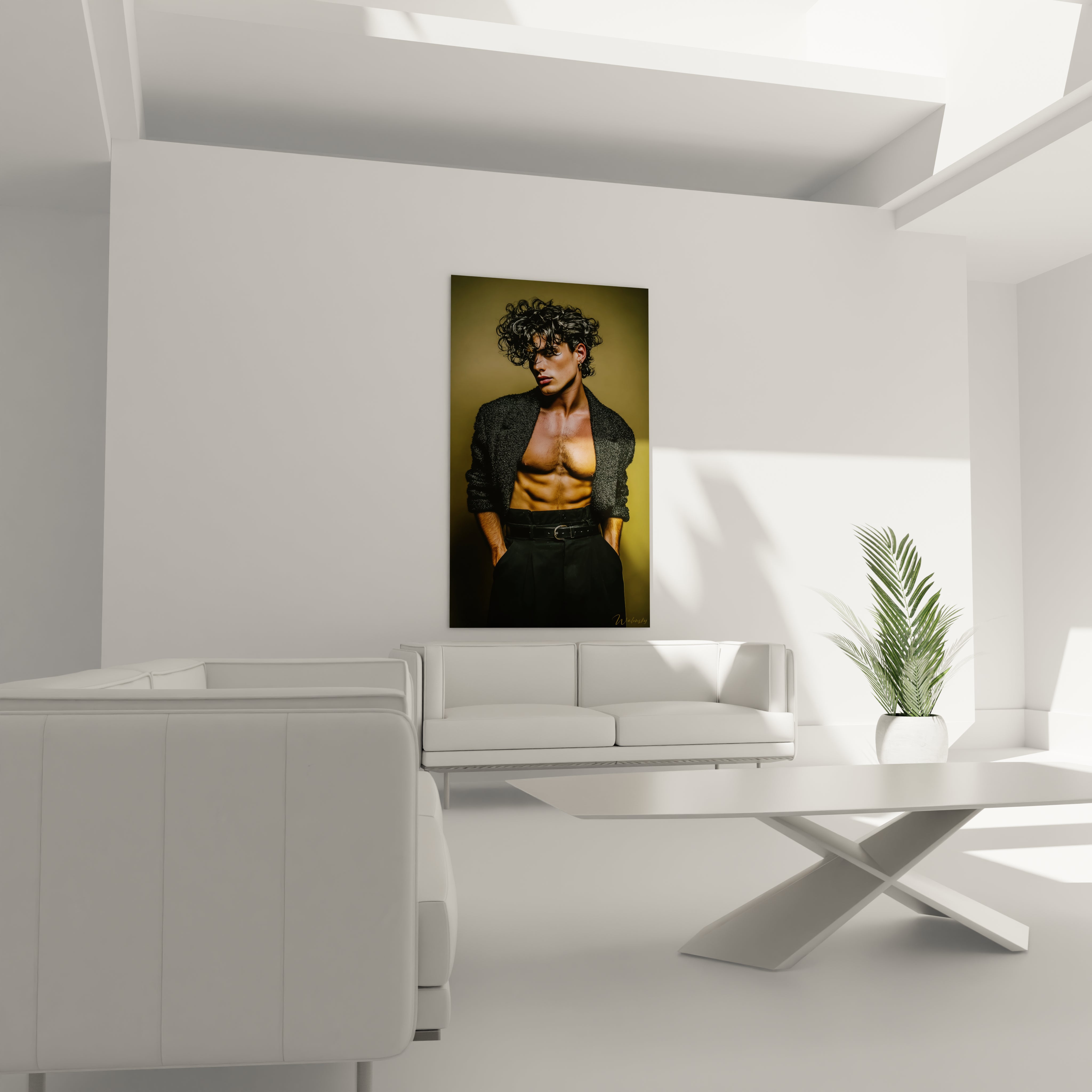 Tableau homme torse nu de Walensky, mettant en scène un portrait artistique dans un salon moderne