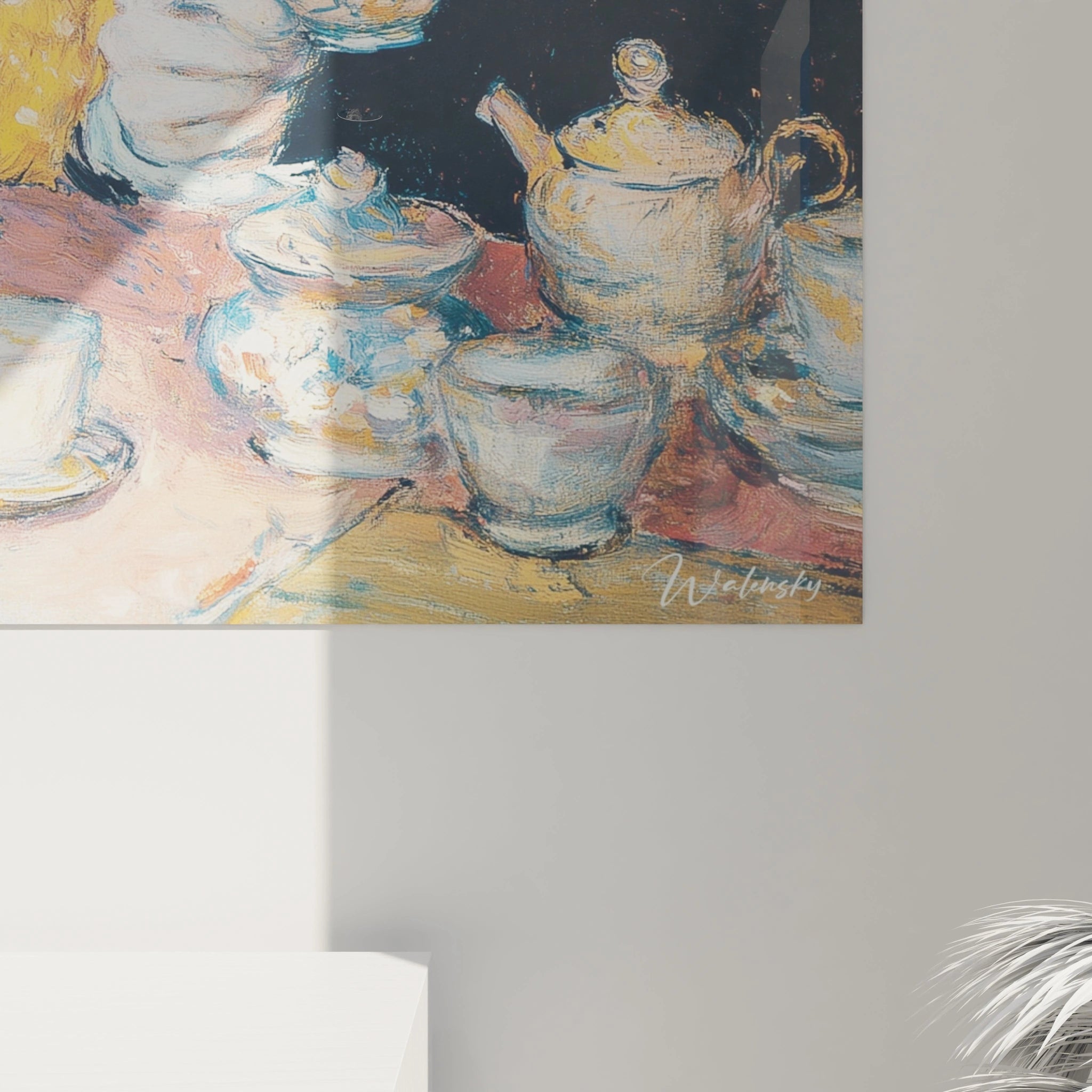 Tableau mural Walensky montrant service à thé et tasses peintes en couleurs pastel tableau post impressionnisme hommes café