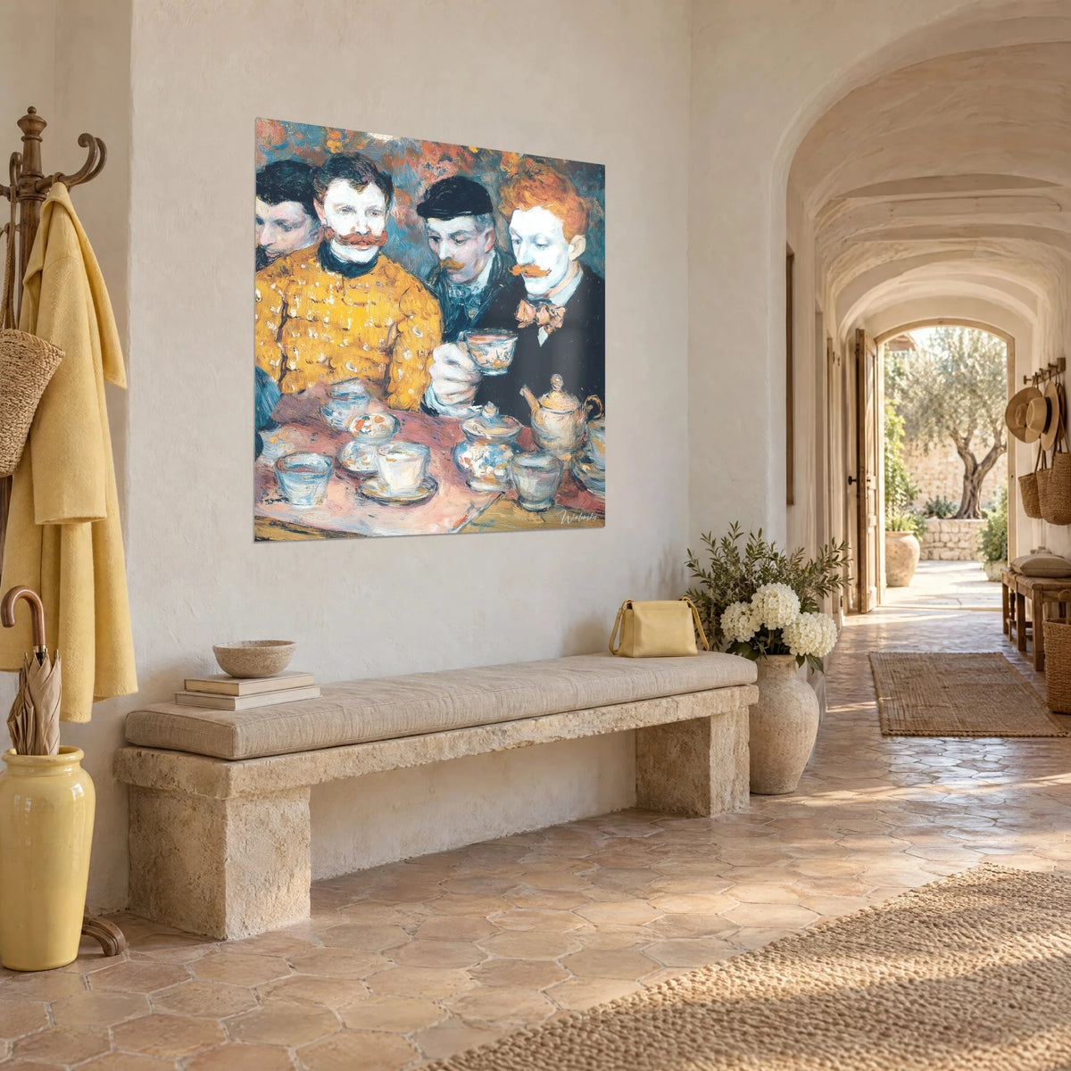 Quadro uomo seduto con baffi rossi, papillon corallo e maglione ocra, visto di tre quarti in un corridoio a volta di pietra chiara