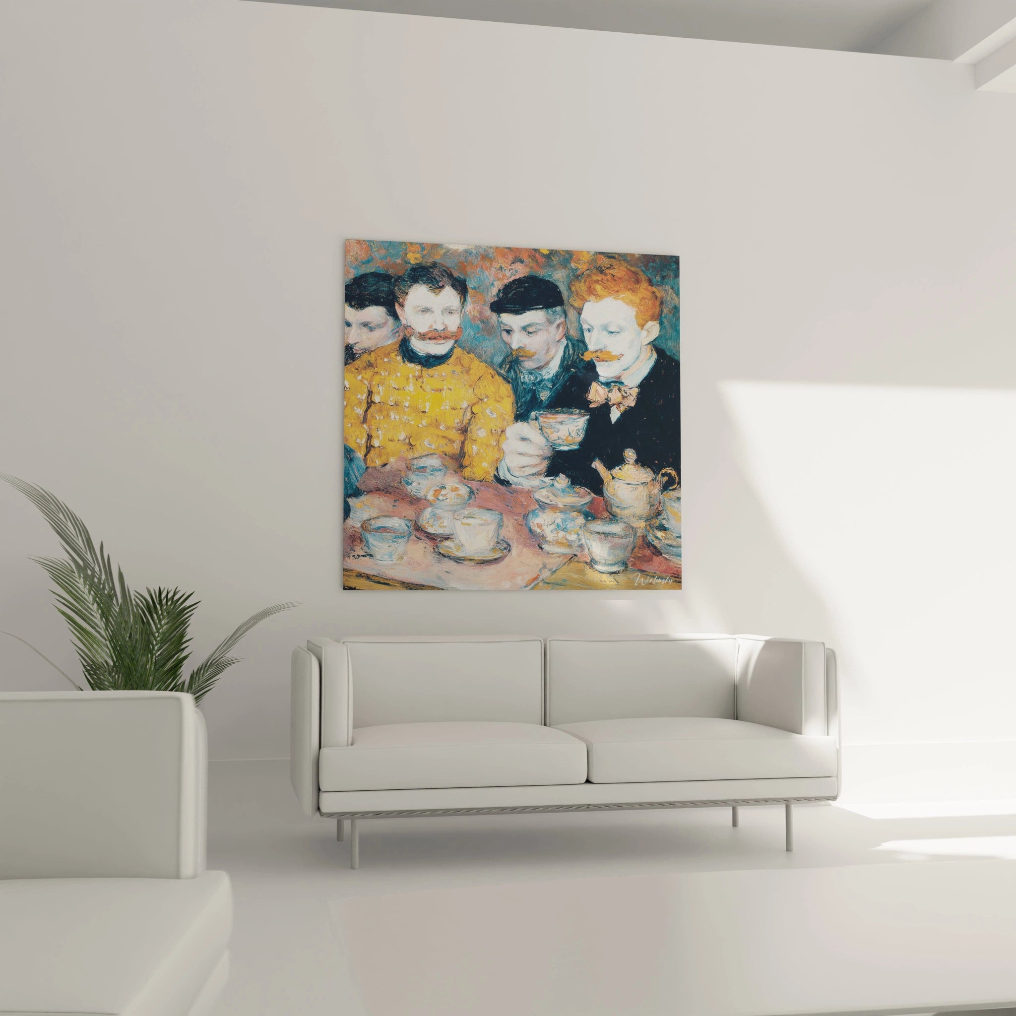tableau post impressionnisme hommes café par Walensky accroché au dessus d un canapé blanc dans un salon minimaliste