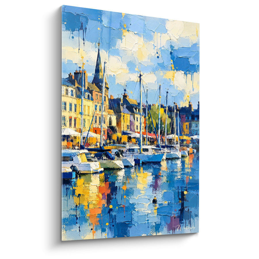 Tableau Vieux bassin voiliers bleu et doré - Escale dorée - Edition Honfleur Normandie France