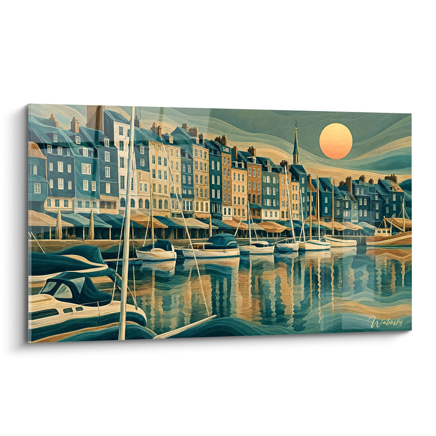 Tableau Vieux bassin bleu et ocre au soleil - Quiétude portuaire - Edition Honfleur Normandie France