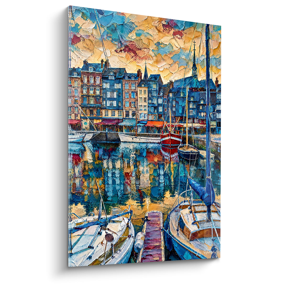 Cuadro antiguo puerto de Honfleur en azul marino y dorado, veleros amarrados y fachadas reflejadas en el agua