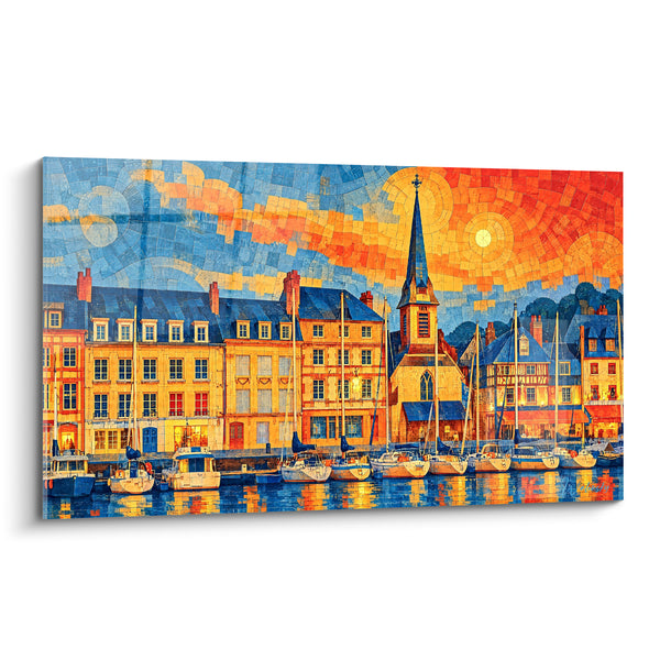 Tableau Port d'Honfleur ocre et bleu au clocher - Lueur du crépuscule - Edition Honfleur Normandie France