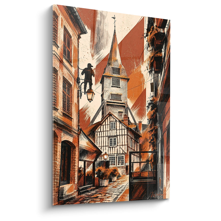Tableau Clocher et ruelle pavée terracotta - Lanterne au crépuscule - Edition Honfleur Normandie France