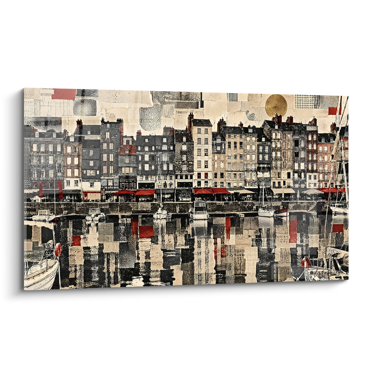 Quadro facciate normanne beige e rosse in collage, riflessi antracite sull'acqua del bacino di Honfleur