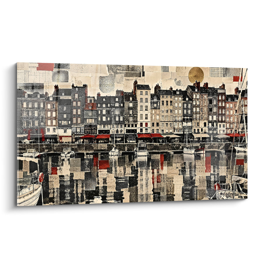 Tableau Vieux bassin façades beige et rouge collage - Mémoire portuaire - Edition Honfleur Normandie France