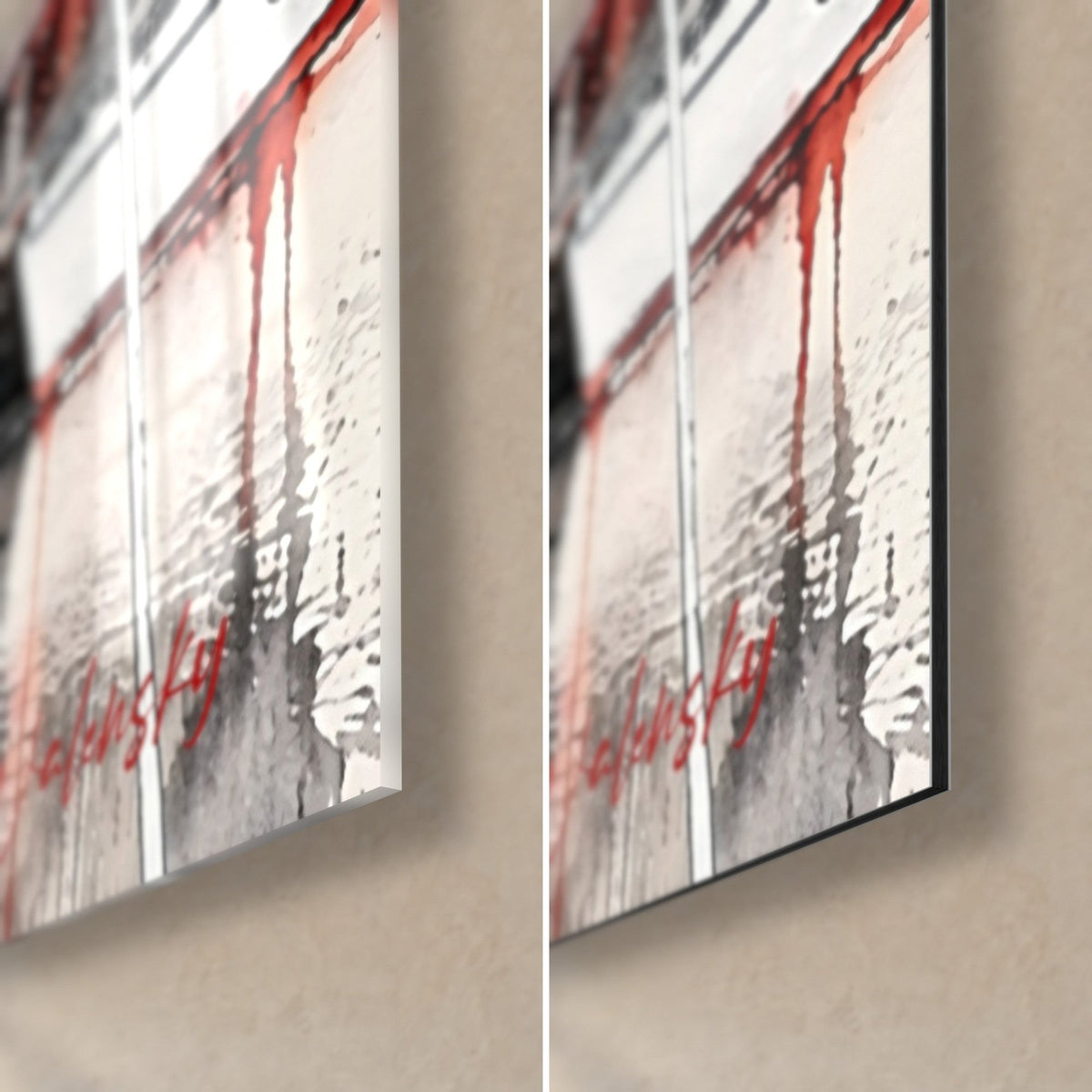 Wall art sailboat over red and grey facades, bottom right corner, glossy acrylic glass and matte Dibond aluminium, 3 mm edge
