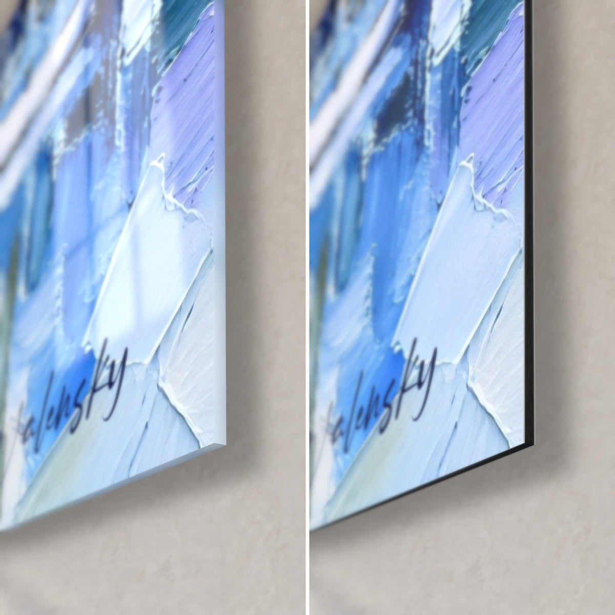 Wall art Honfleur quayside painted with a palette knife, bottom right corner: glossy glass on the left, matte Dibond aluminium on the right, 3 mm black edge