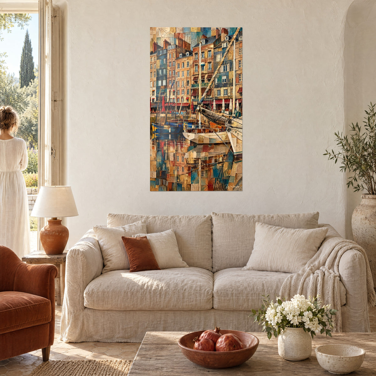 Wall art Honfleur old harbour in mosaic style, ochre and teal facades, leaning mast, above a sofa in a bright living room