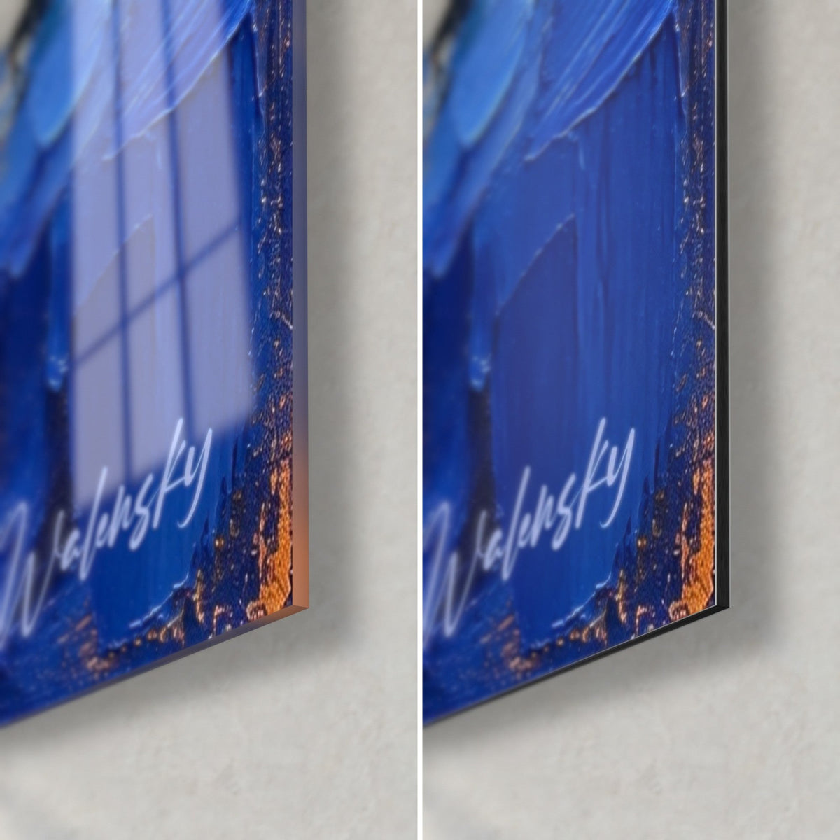 Quadro bacino di Honfleur a pennellate di spatola blu oltremare e arancio, firma Walensky, lastra di vetro acrilico da 3 mm e Dibond