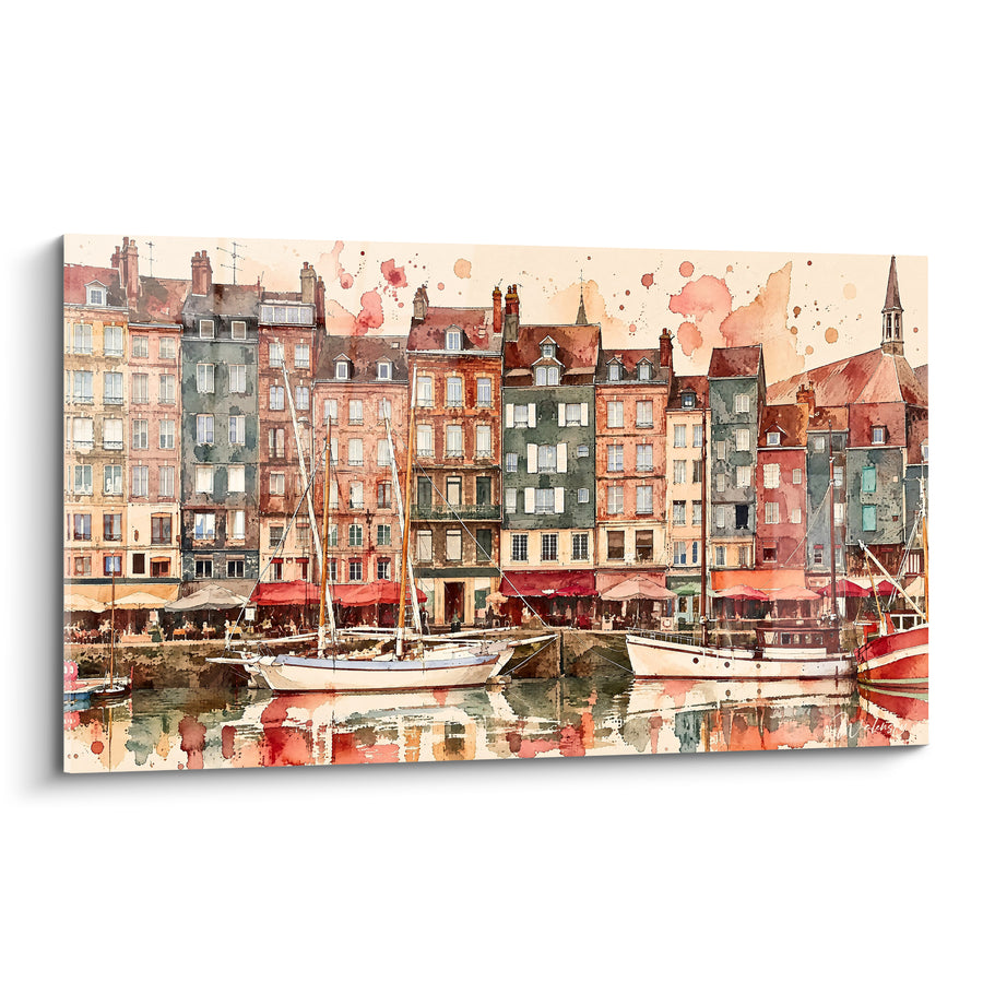 Tableau Vieux bassin aux façades ocre et vertes - Reflets du port - Edition Honfleur Normandie France