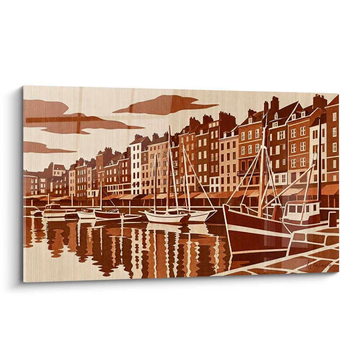 Quadro velieri bianchi e facciate color terracotta che costeggiano il vecchio bacino di Honfleur in stile grafico