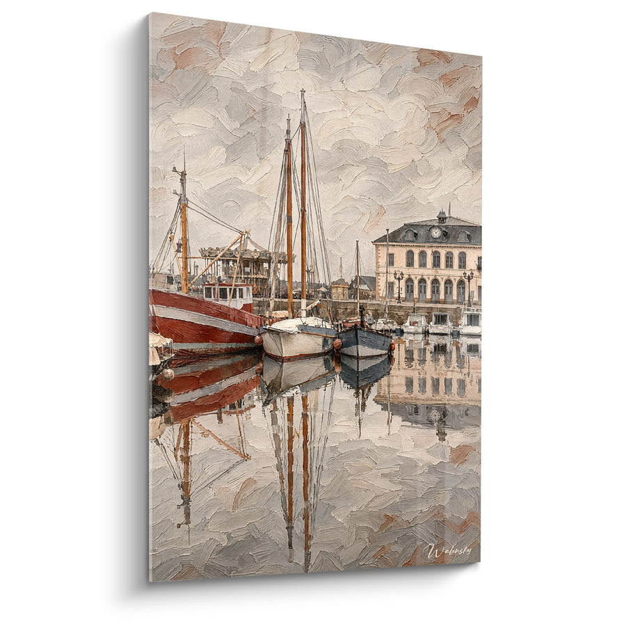 Tableau Port de pêche terracotta et gris perle - Matin de brume portuaire - Edition Honfleur Normandie France