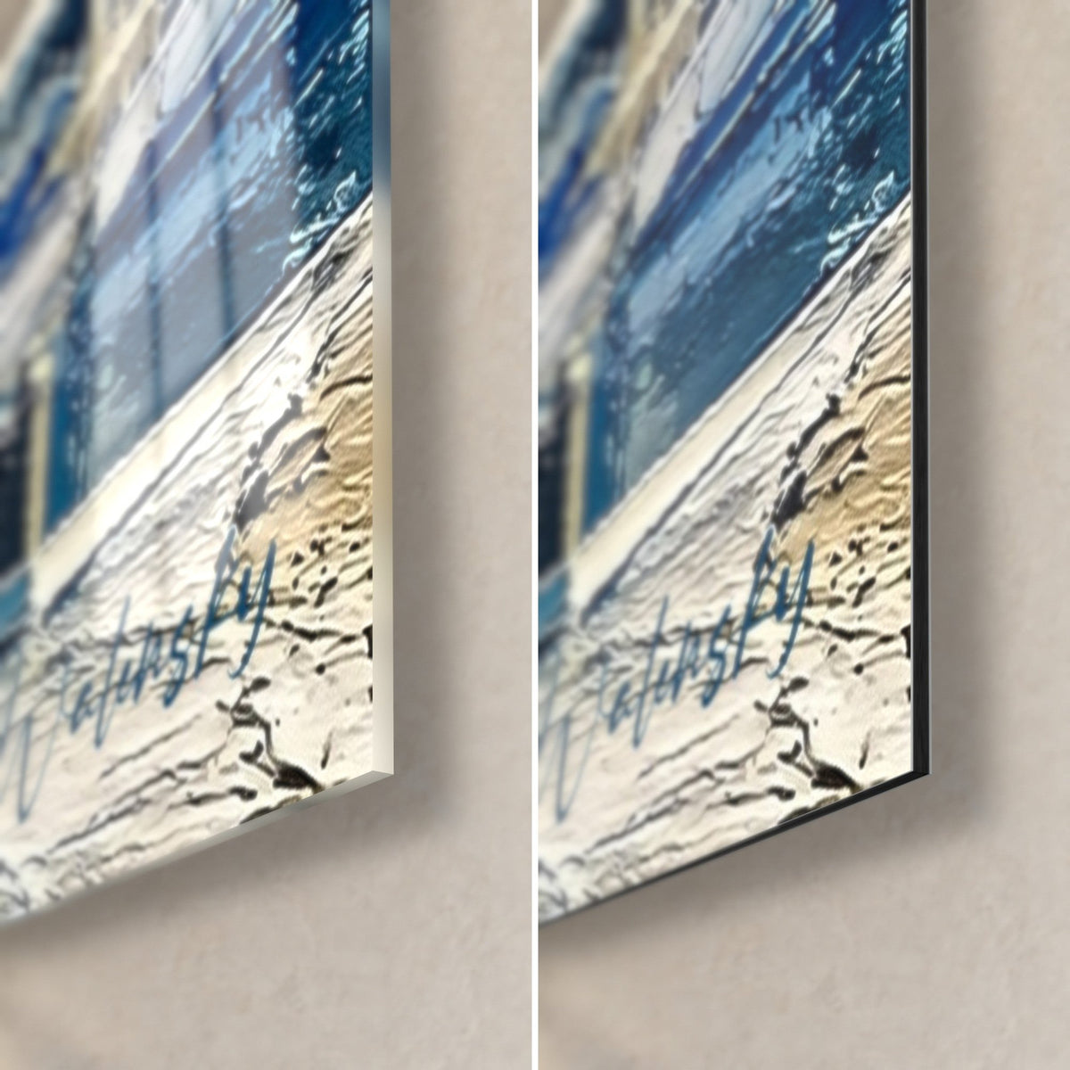 Wall art of a harbour basin and sailboats in blue and ochre palette knife painting, Walensky signature, bottom right corner, glossy glass and matte Dibond