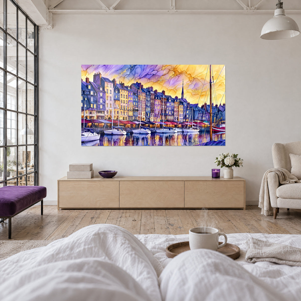Wall art Honfleur harbour at dusk, ink-violet sky veined with gold, moored boats, golden reflections, above a bed in a bright bedroom