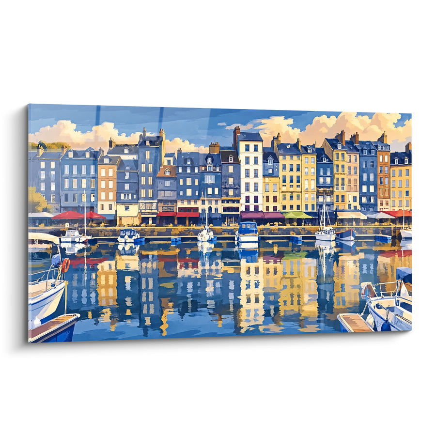 Tableau Vieux bassin bleu et ocre aux voiliers blancs - Instant suspendu au port - Edition Honfleur Normandie France