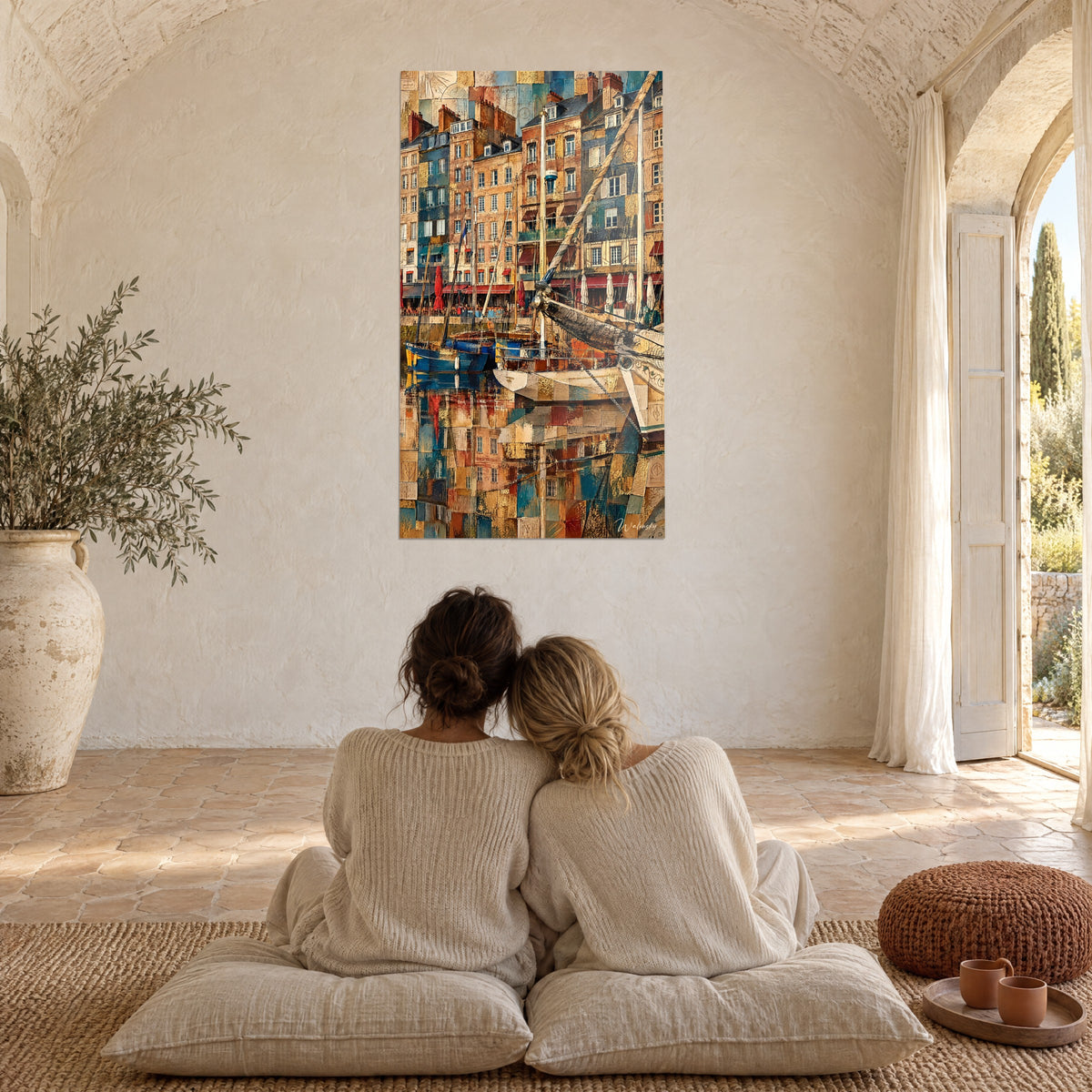 Wall art with patchwork reflections on the basin water, cream hull, golden and turquoise facades, two women seen from behind, Provençal farmhouse